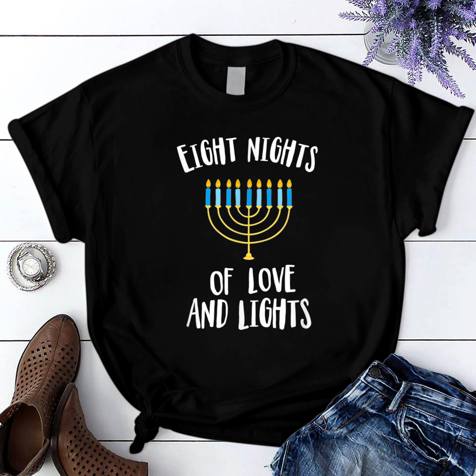 Hanukkah Eight Nights Love Lights Festival Jewish Menorah T Shirt Black Unisex S-6XL