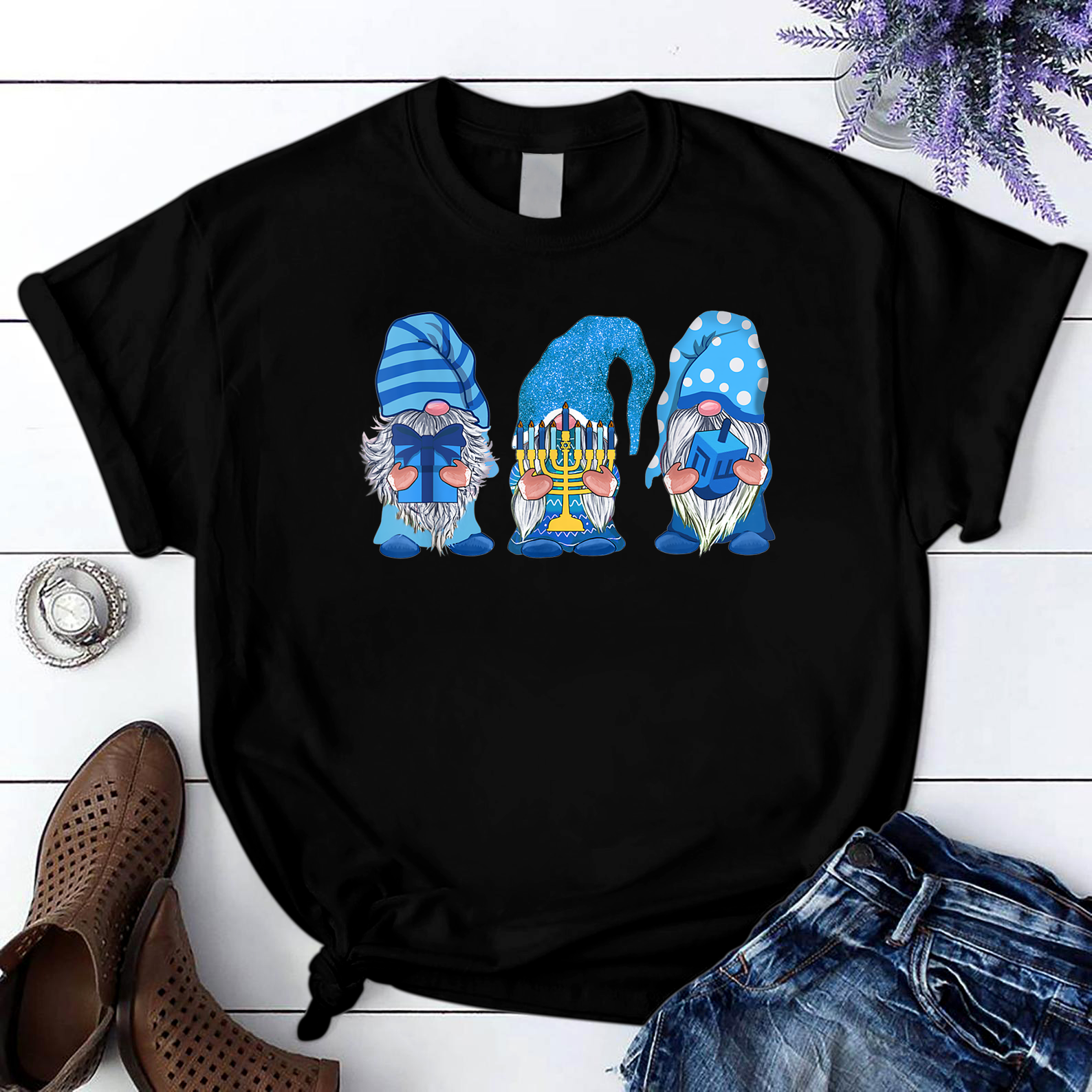 Hanukkah Gnomes Funny Gift Cute Gnomies With Menorah T Shirt Black Unisex S-6XL