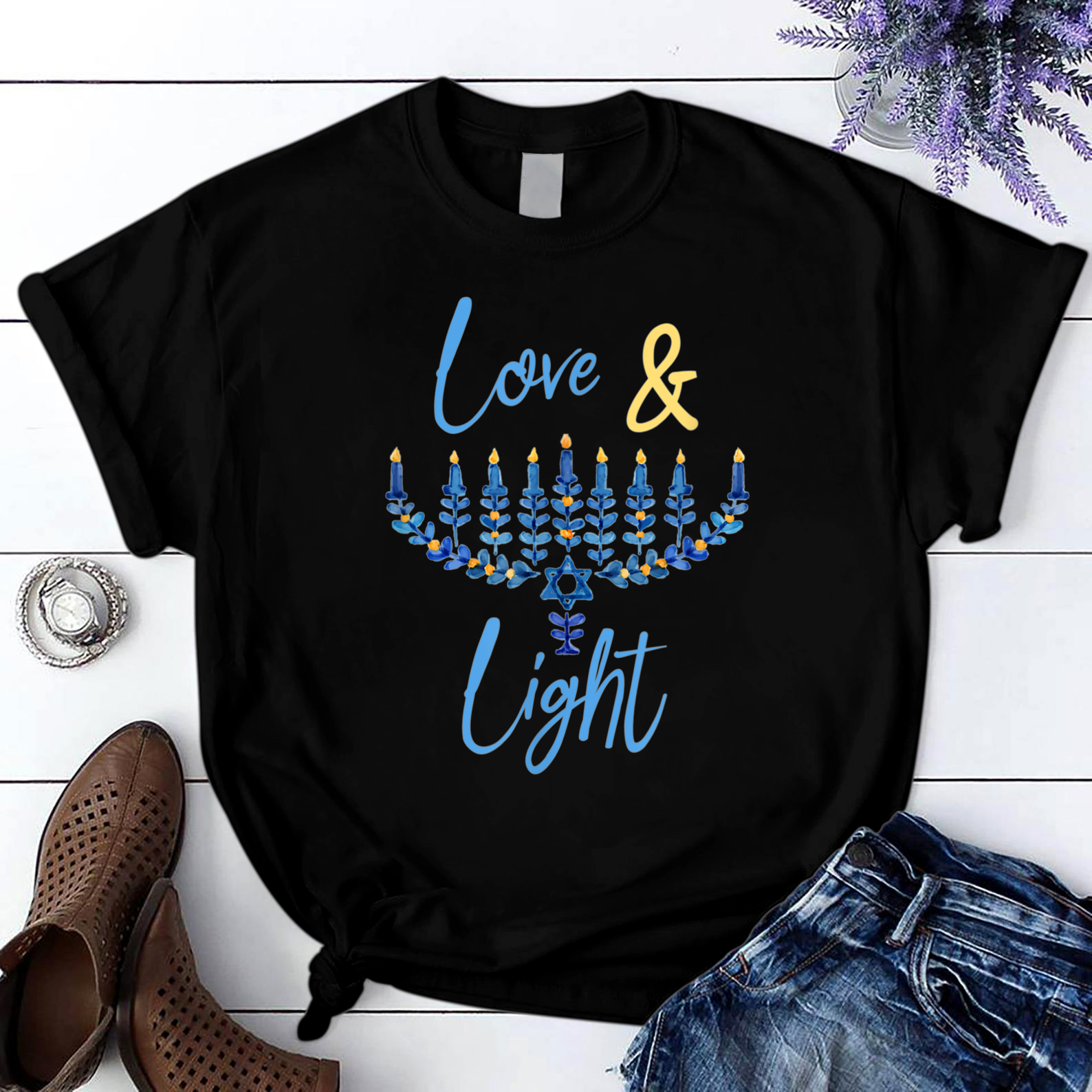 Hanukkah Love And Light Quote Jewish Chanukah Blue Menorah T Shirt Black Unisex S-6XL