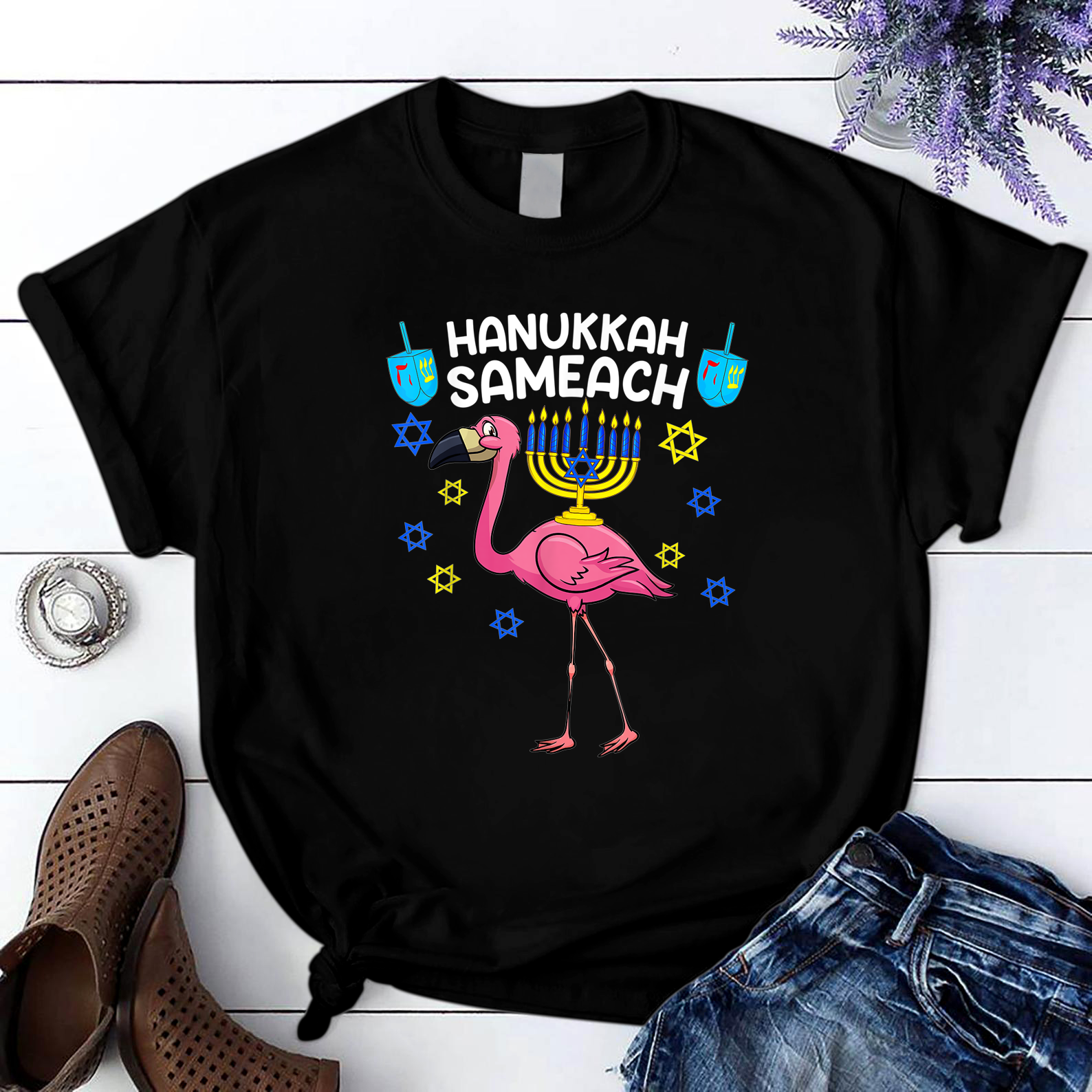 Hanukkah Menorah Flamingo Funny Chanukah Jewish T Shirt Black Unisex S-6XL