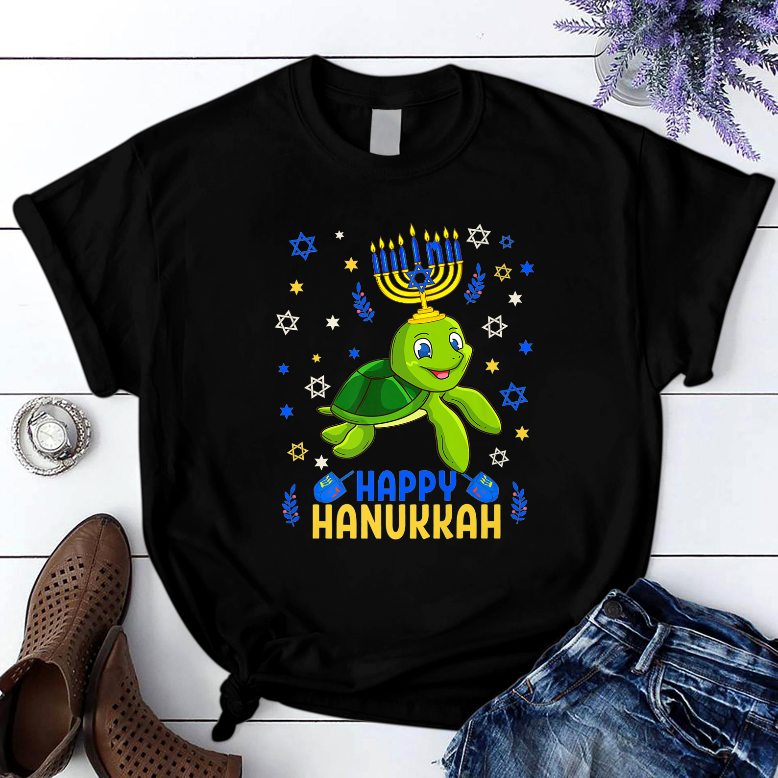 Hanukkah Menorah Turtle Funny Chanukah Jewish T Shirt Black Unisex S-6XL