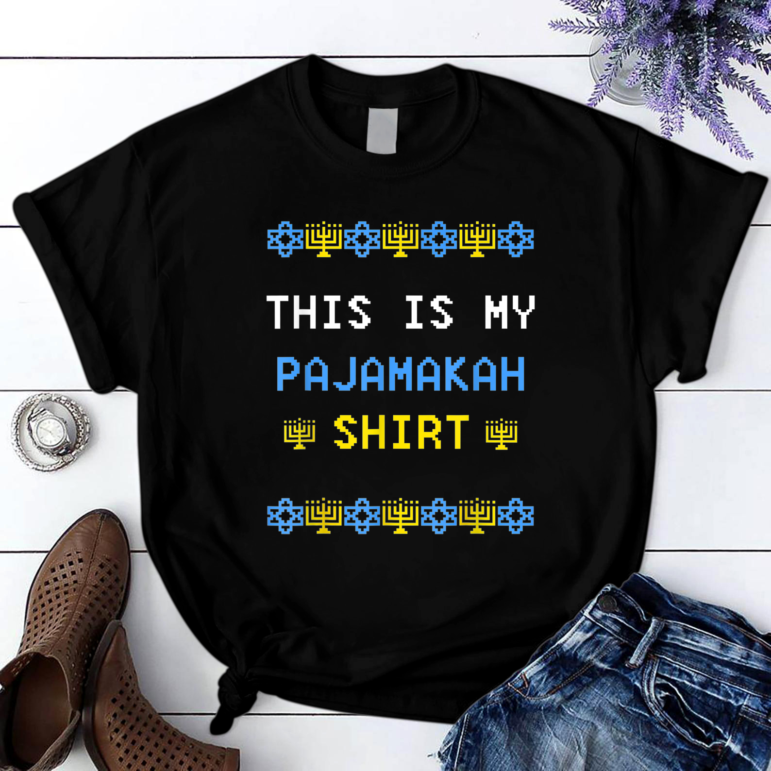 Hanukkah Pajamas This is My Pajamakah Chanukah T Shirt Black Unisex S-6XL