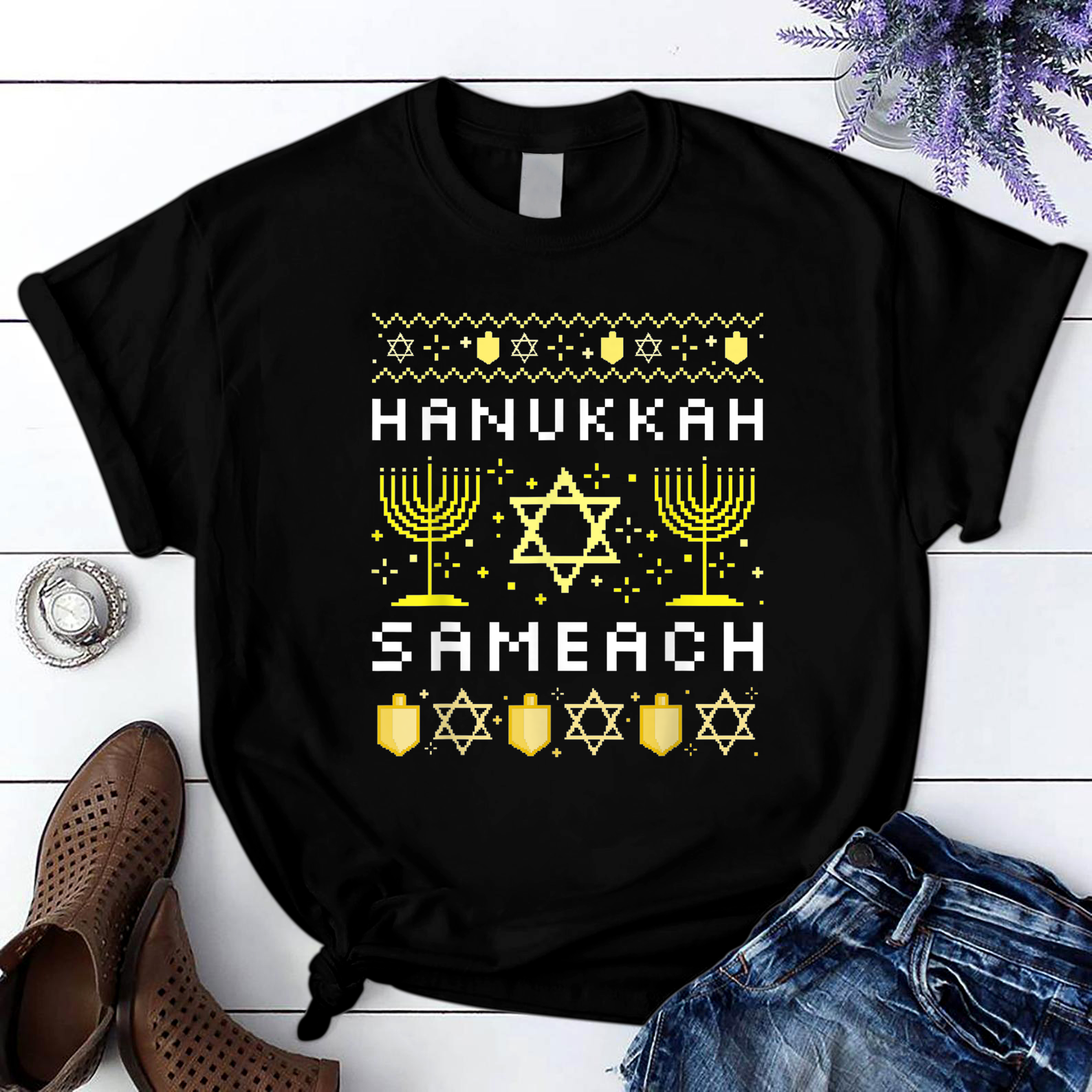 Hanukkah Sameach Happy Hanukkah Jewish Holiday Greetings T Shirt Black Unisex S-6XL