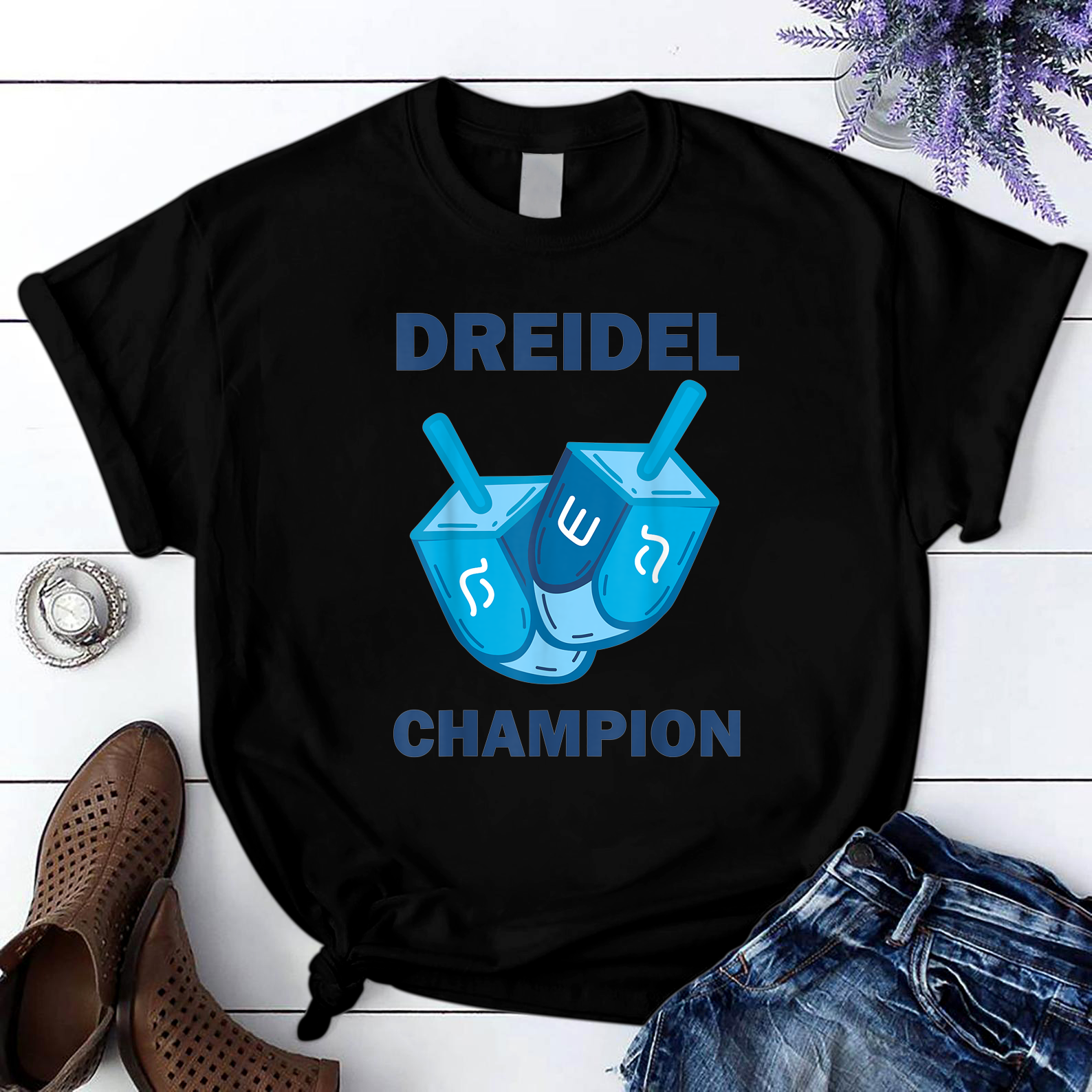 Hanukkah Vintage Dreidel Champion Funny Jewish Holiday T Shirt Black Unisex S-6XL