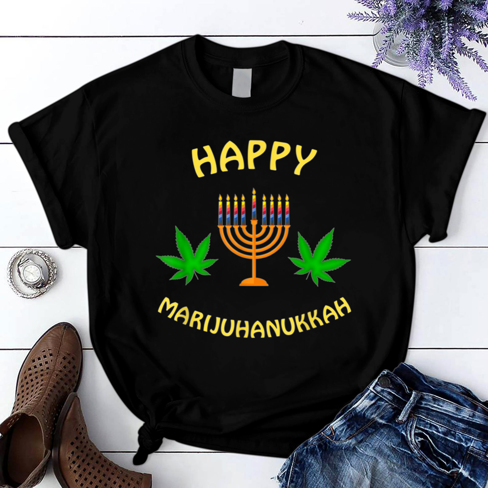 Hanukkah Weed Apparel HAPPY Happy Marijuhanukkah Pot Lets Get Lit T Shirt Black Unisex S-6XL