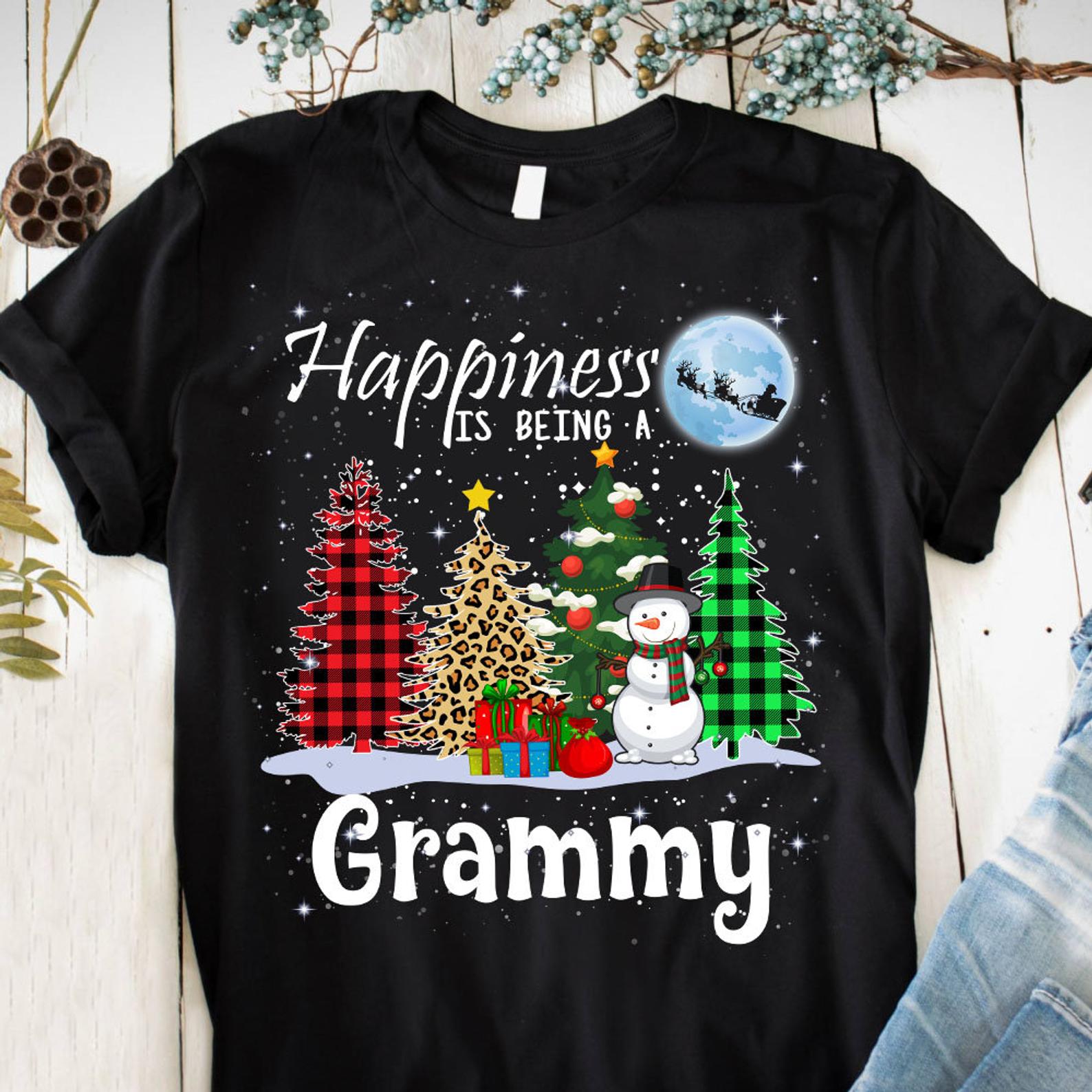 Happiness Is Being A Grammy Christmas Tree Leopard Plaid T Shirt Black, Unisex, S-6XL