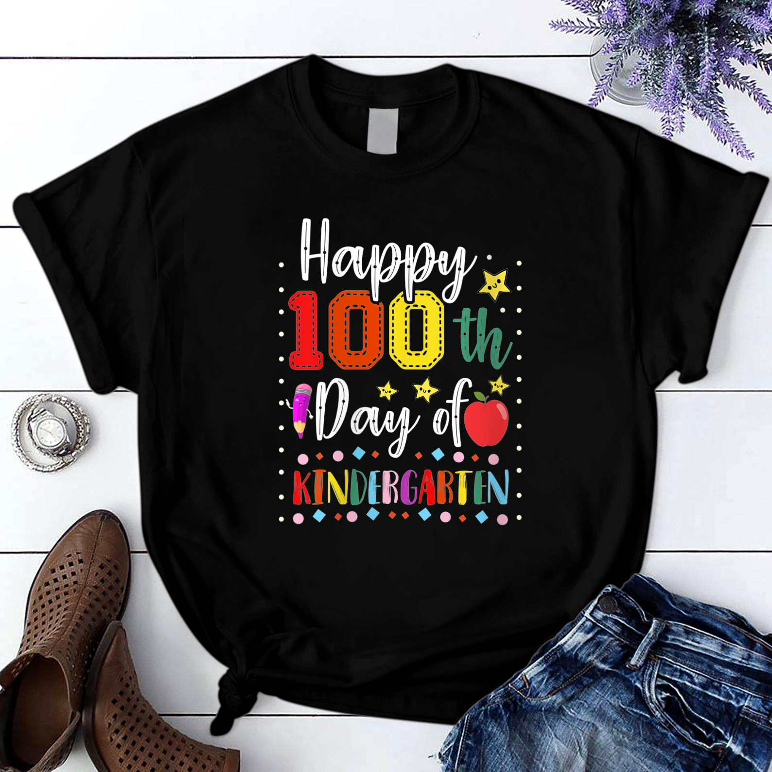 Happy 100Th Day Of Kindergarten Apple 100 Days Teacher T Shirt Black Unisex S-6Xl