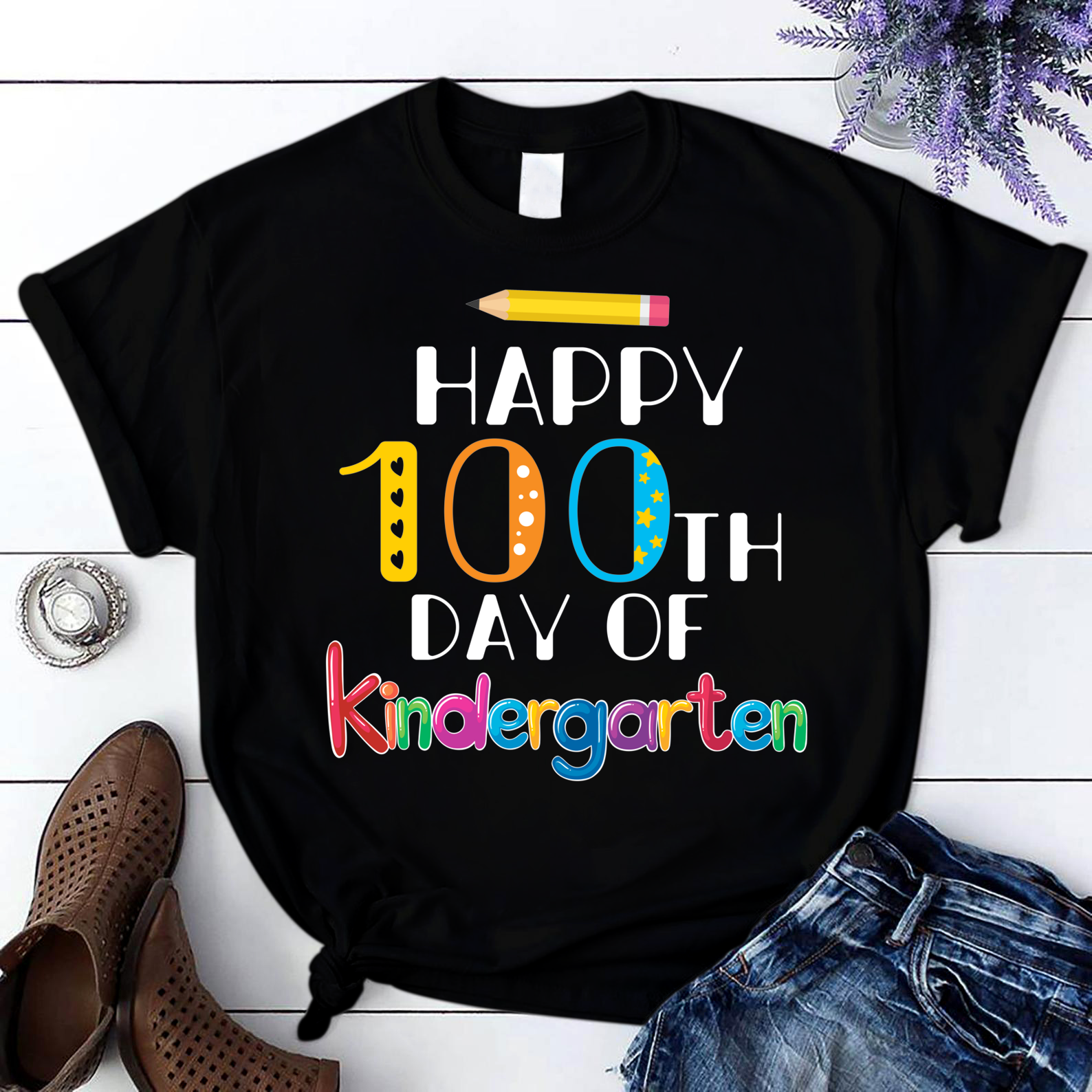 Happy 100Th Day Of Kindergarten Colorful Teacher And Student 1 T Shirt Black Unisex S-6Xl