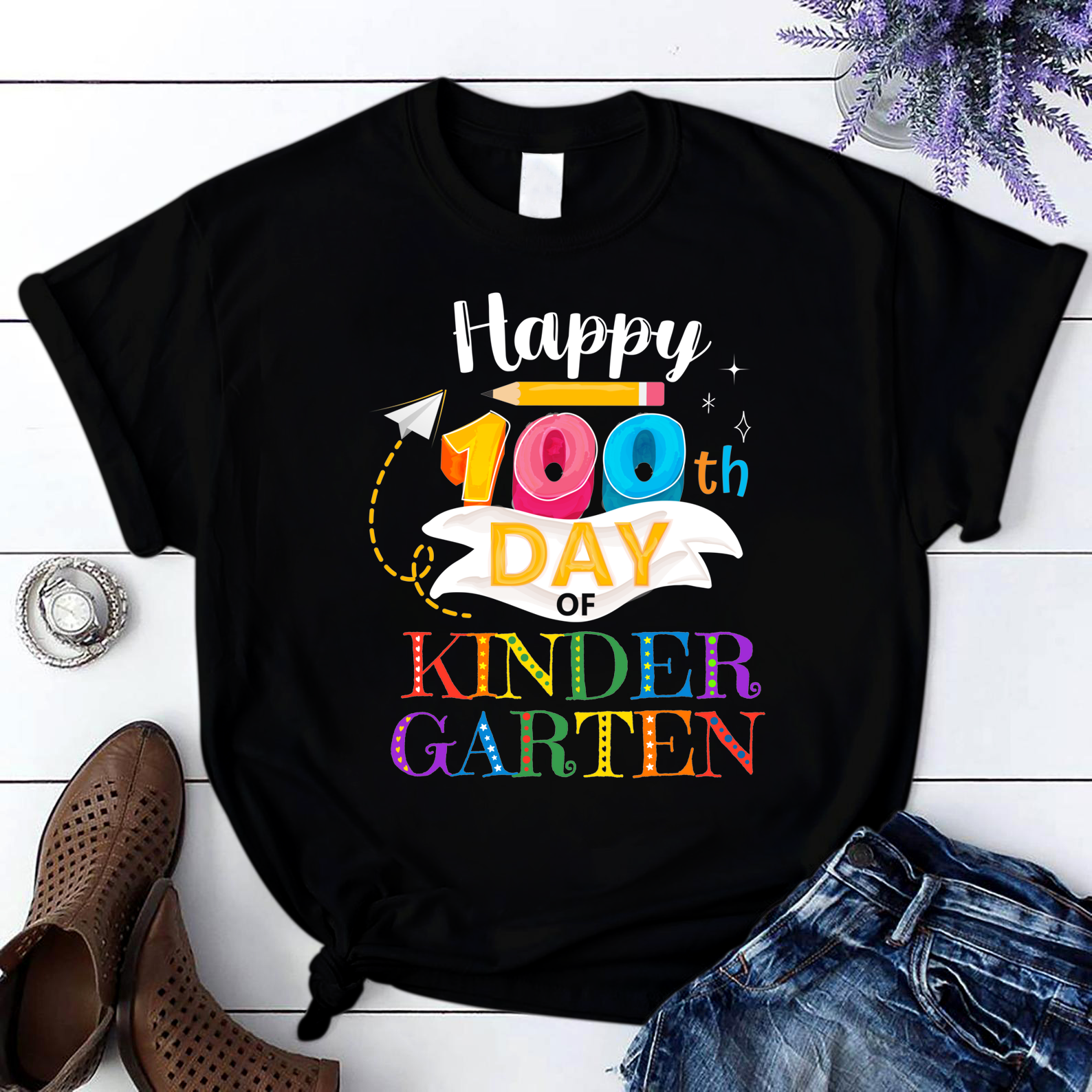 Happy 100Th Day Of Kindergarten For Teacher Student Kids T Shirt Black Unisex S-6Xl