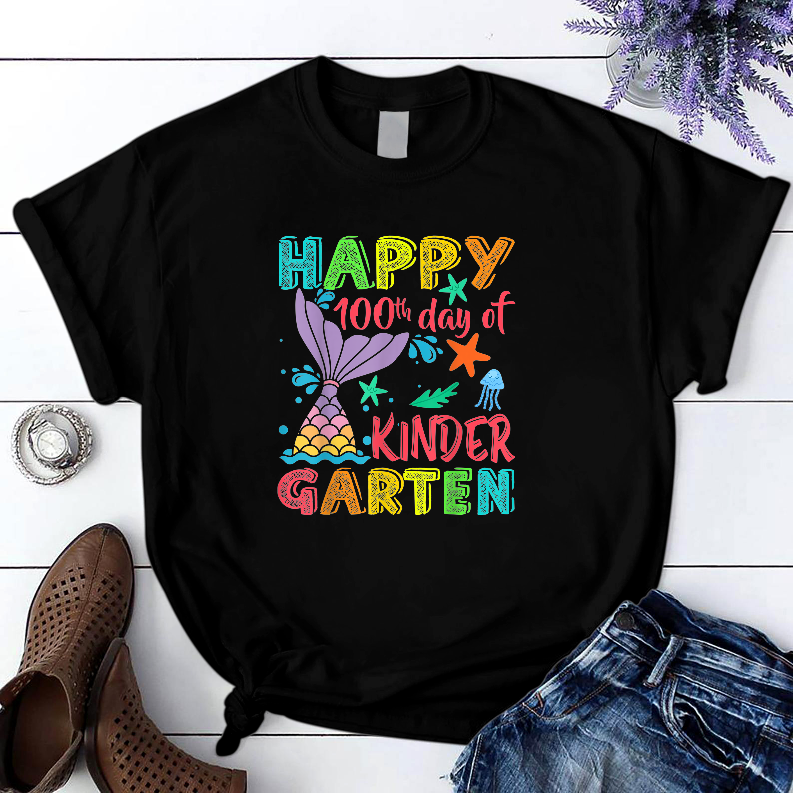 Happy 100Th Day Of Kindergarten Funny Teacher Student T Shirt Black Unisex S-6Xl