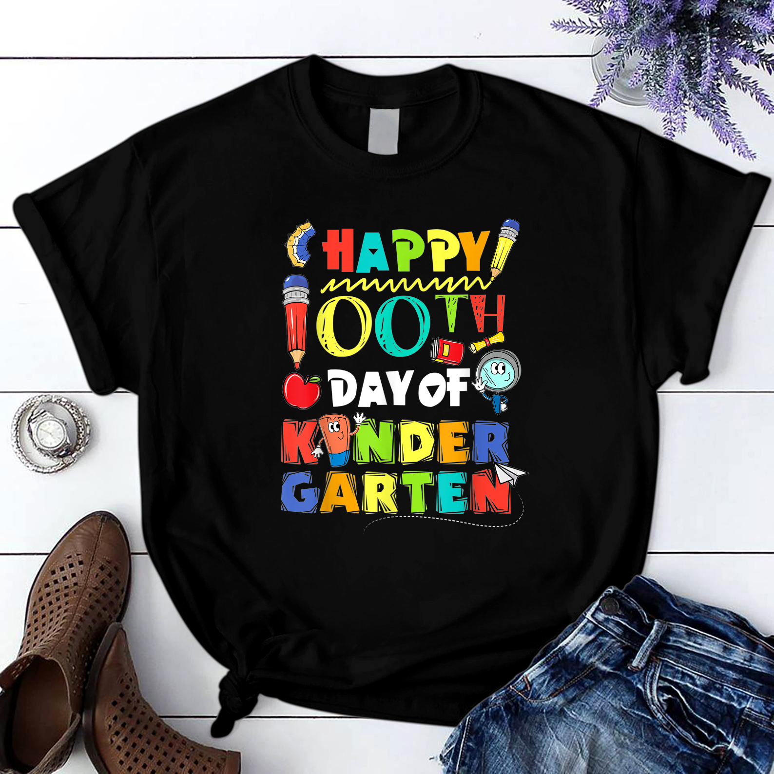 Happy 100Th Day Of Kindergarten Gift For Teacher Or Student T Shirt Black Unisex S-6Xl