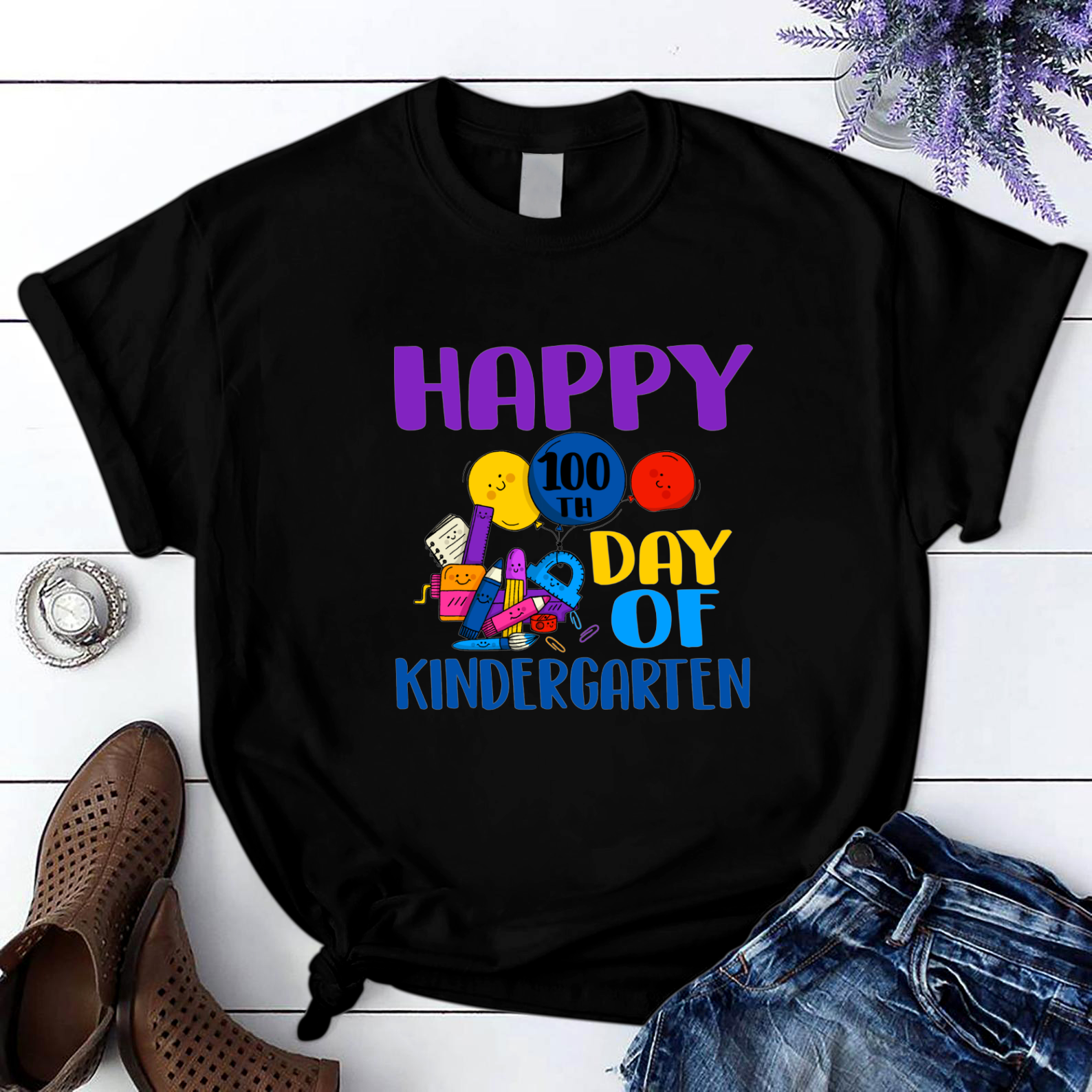 Happy 100Th Day Of Kindergarten School Party Funny Hundred T Shirt Black Unisex S-6Xl