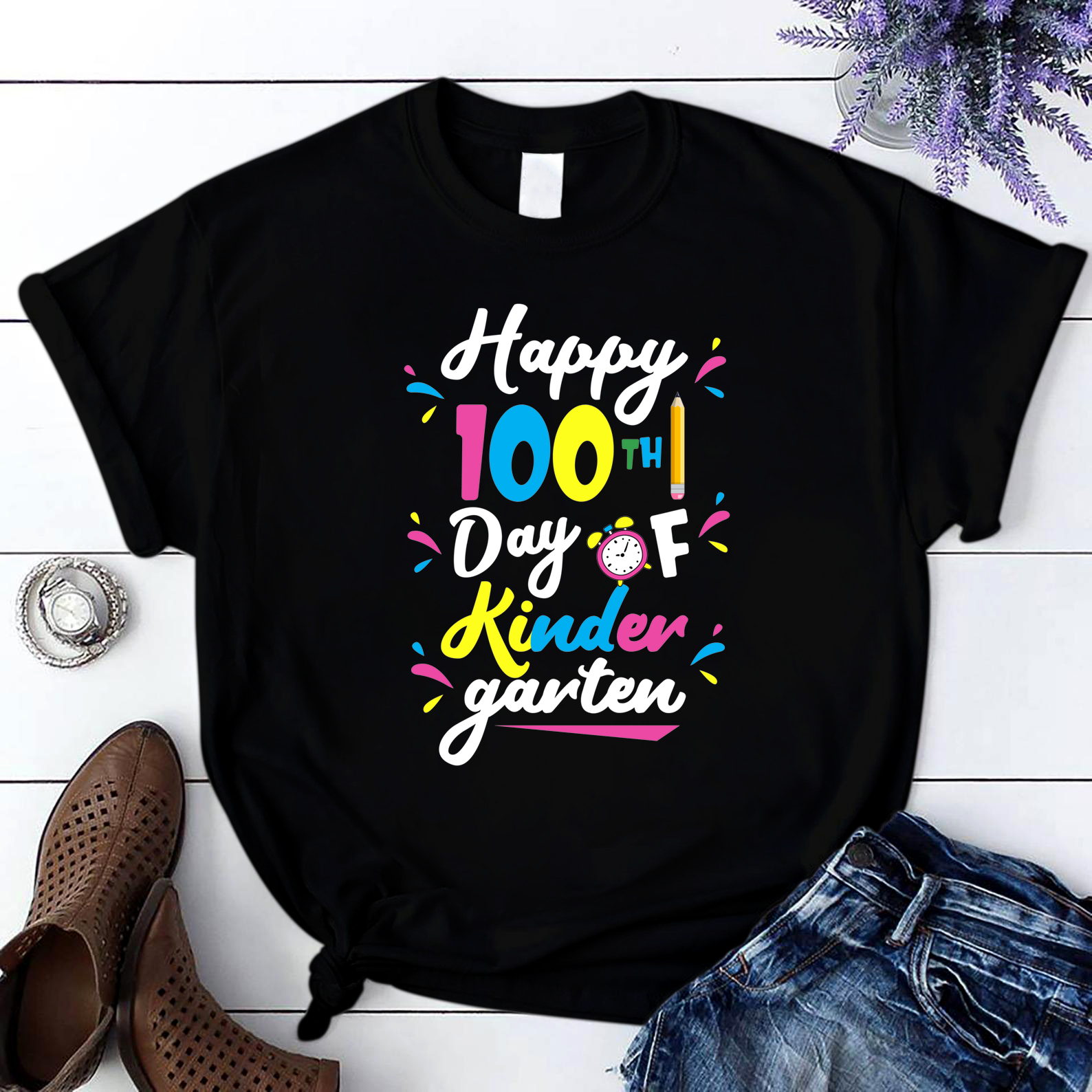 Happy 100Th Day Of Kindergarten Students Teacher T Shirt Black Unisex S-6Xl