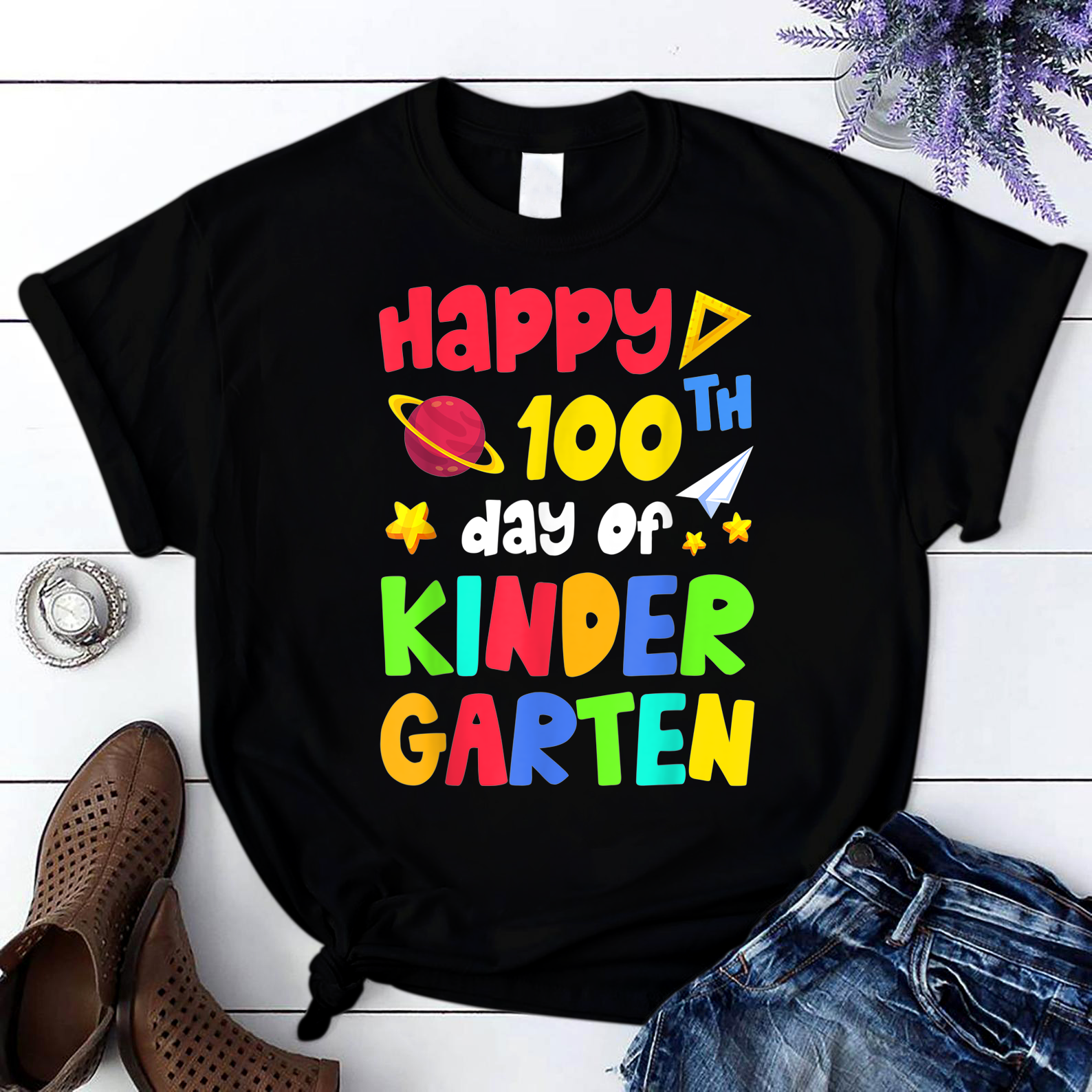 Happy 100Th Day Of Kindergarten Teacher Or Student 5 T Shirt Black Unisex S-6Xl