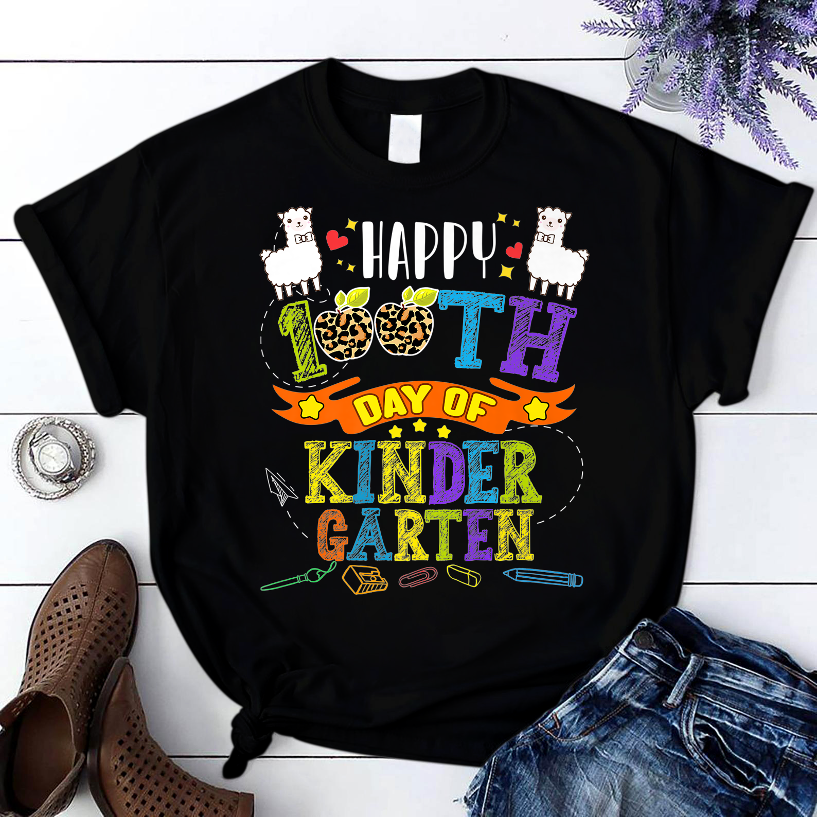 Happy 100Th Day Of Kindergarten Teacher Student Funny Llama T Shirt Black Unisex S-6Xl