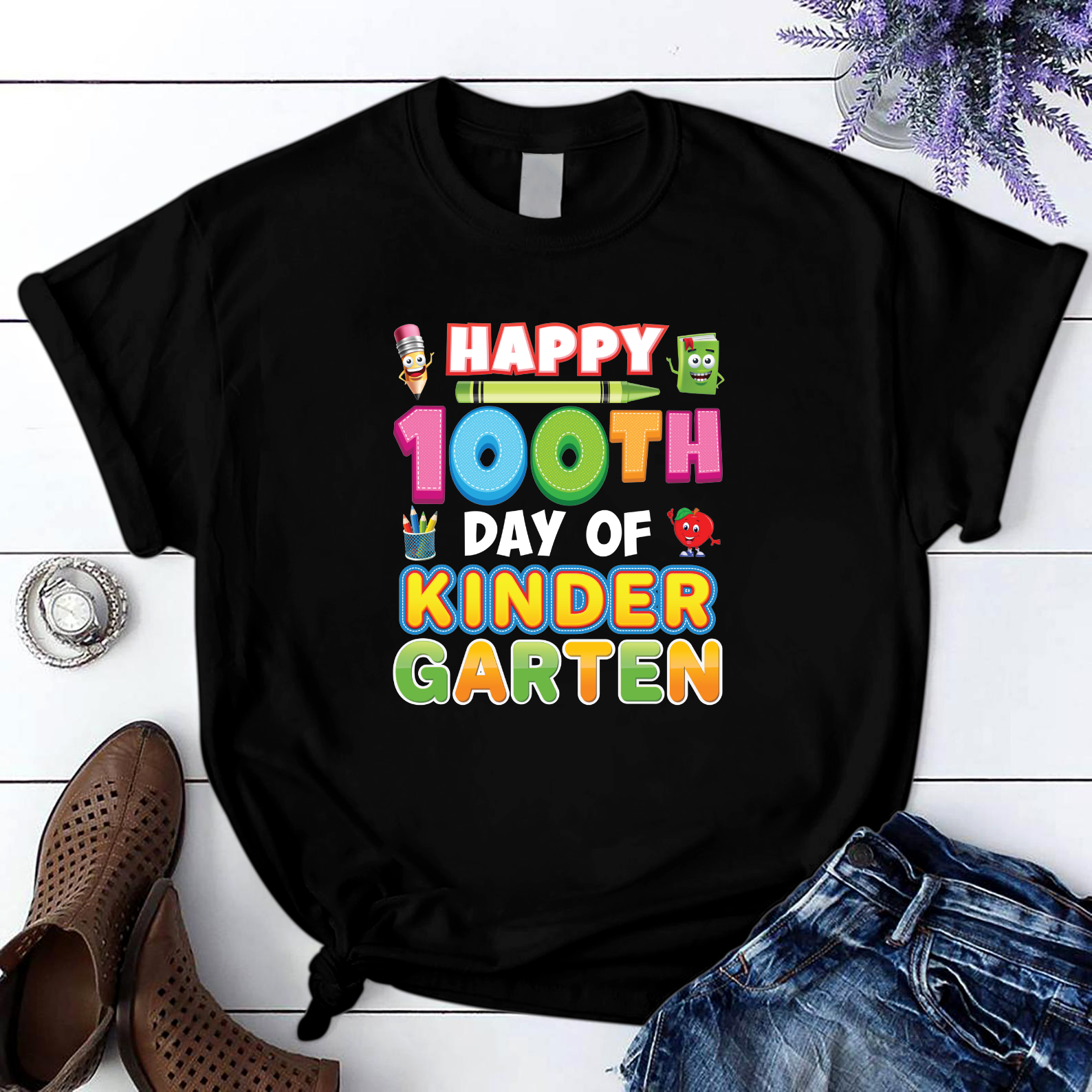 Happy 100Th Day Of Kindergarten Teacher Student Funny T Shirt Black Unisex S-6Xl