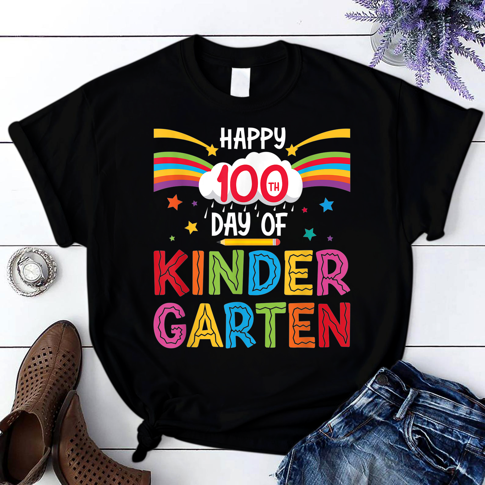 Happy 100Th Day Of Kindergarten Teacher Student Kid 100 Days T Shirt Black Unisex S-6Xl