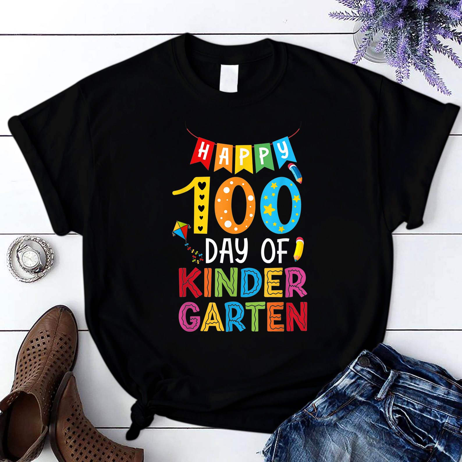 Happy 100Th Day Of Kindergarten Teacher Student Kids1 T Shirt Black Unisex S-6Xl