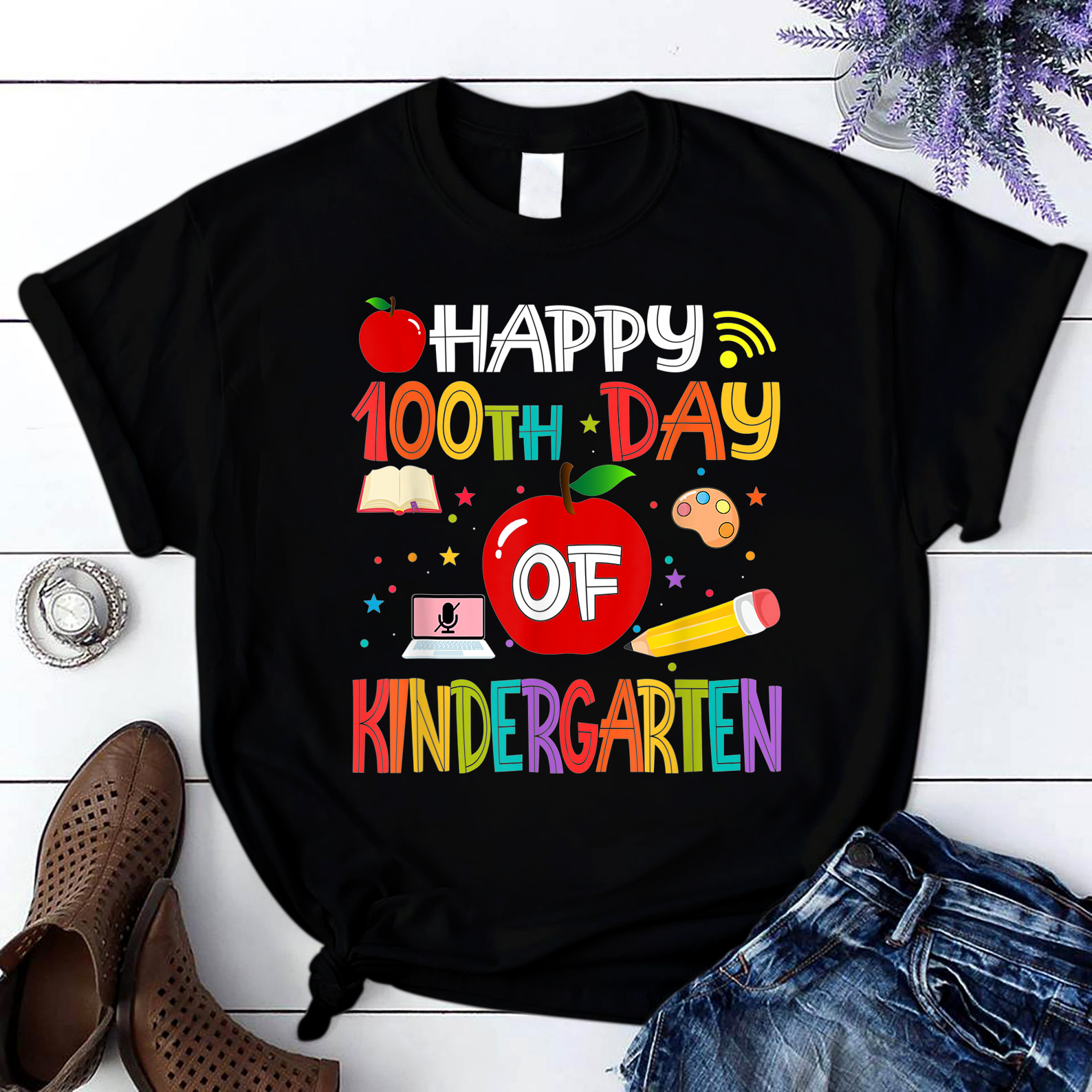 Happy 100Th Day Of Kindergarten Teachers Students Apple T Shirt Black Unisex S-6Xl