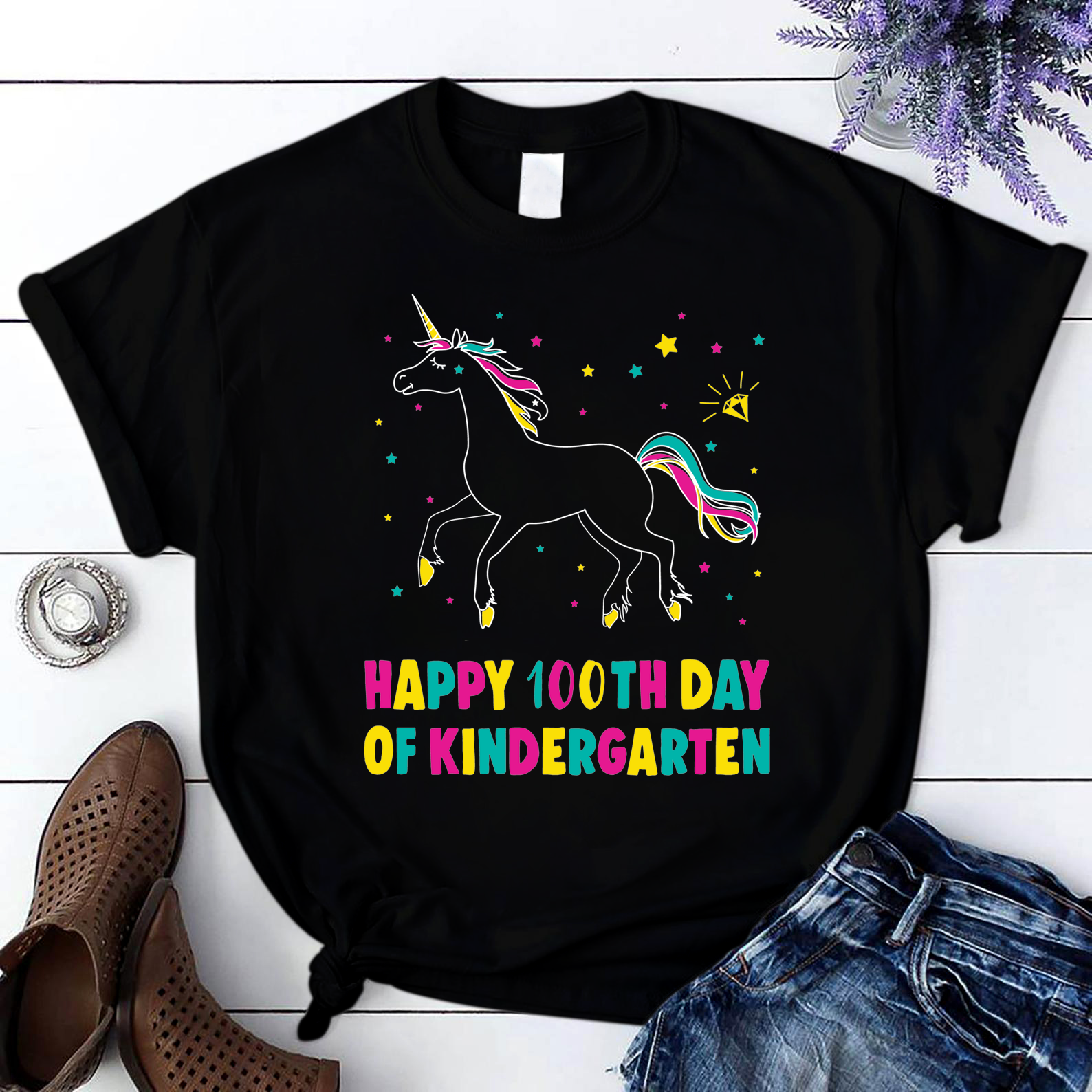 Happy 100Th Day Of Kindergarten Teachers Students Unicorn 2 T Shirt Black Unisex S-6Xl