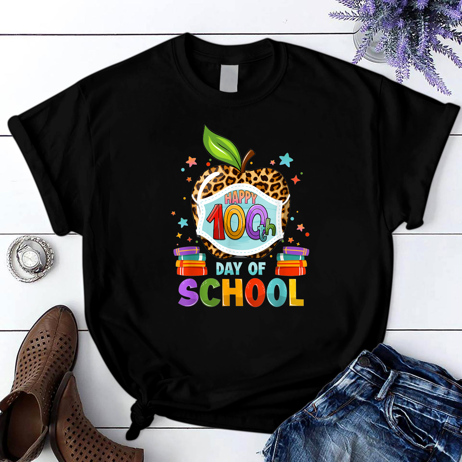 Happy 100Th Day Of Pre K Apple 100 Days School Teacher T Shirt Black Unisex S-6Xl