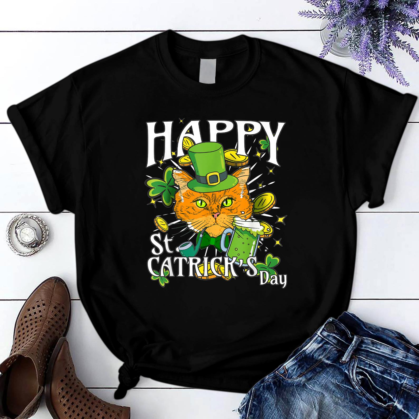 Happy St. Catricks Day Funny St. Patricks Cat Lover T Shirt Black Unisex S-6Xl