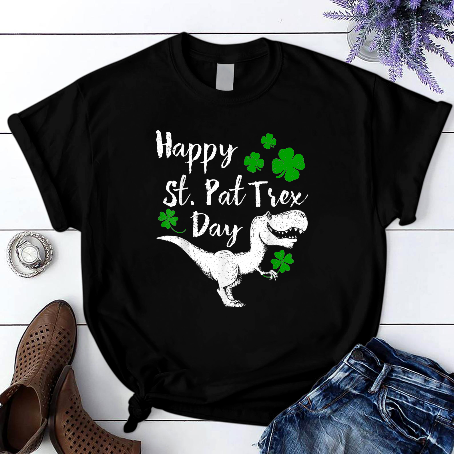 Happy St. Pat Trex Day Dinosaur St. Patrick'S Day T Shirt Black Unisex S-6Xl