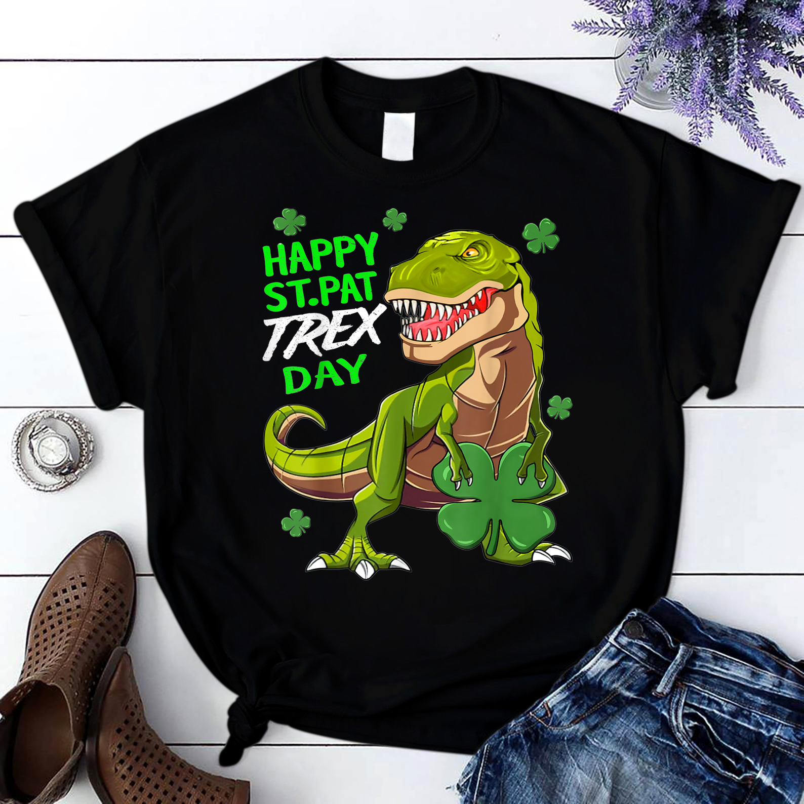 Happy St. Pat Trex Day T Shirt Dinosaur St. Patrick'S Day T Shirt Black Unisex S-6Xl