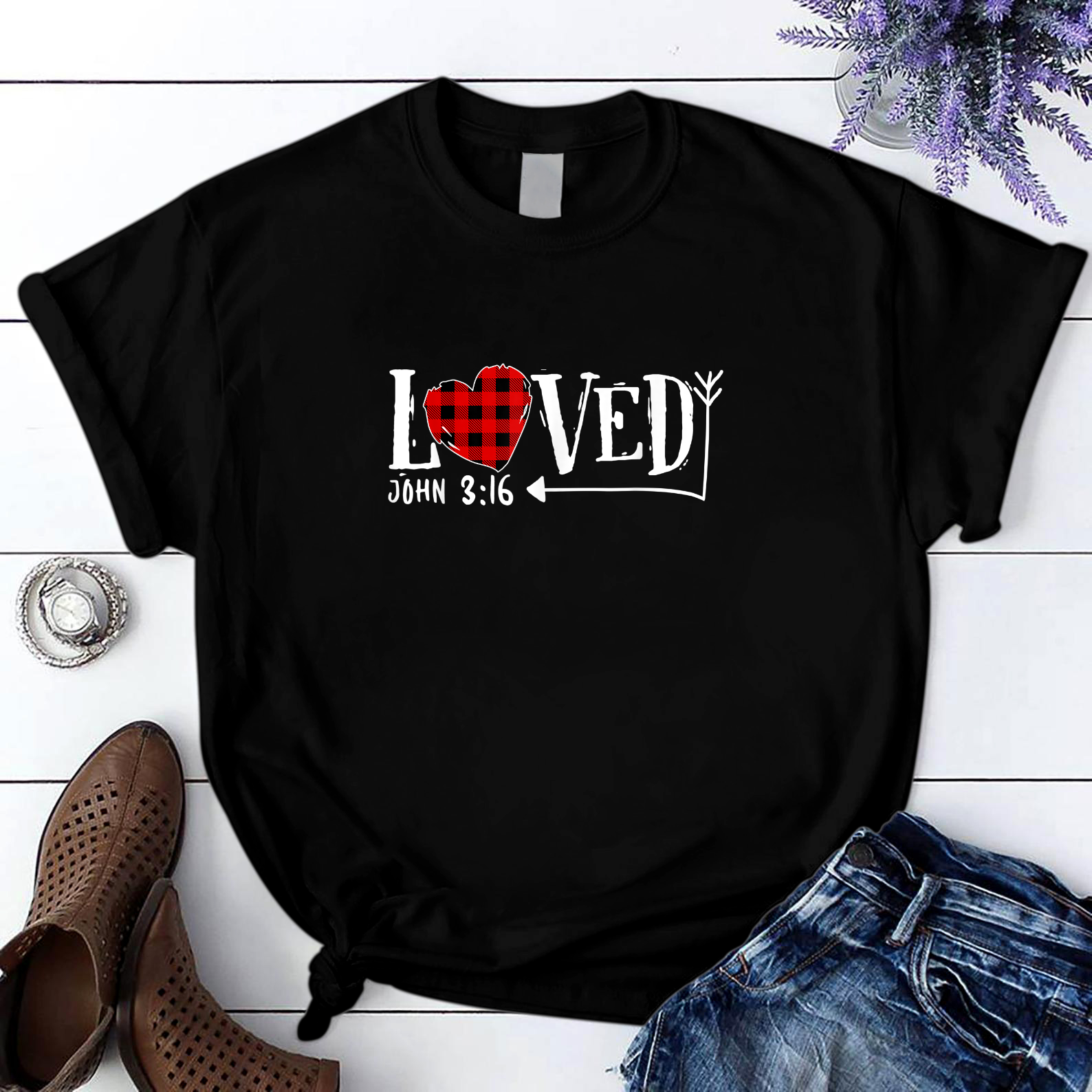 Loved John 3 16 Red Plaid Heart Christian Valentine'S Day T Shirt Black Unisex S-6Xl