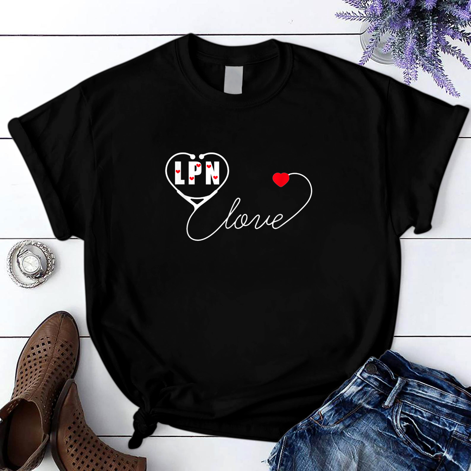 Lpn Licensed Practical Nurse Stethoscope Valentines Day T Shirt Black Unisex S-6Xl