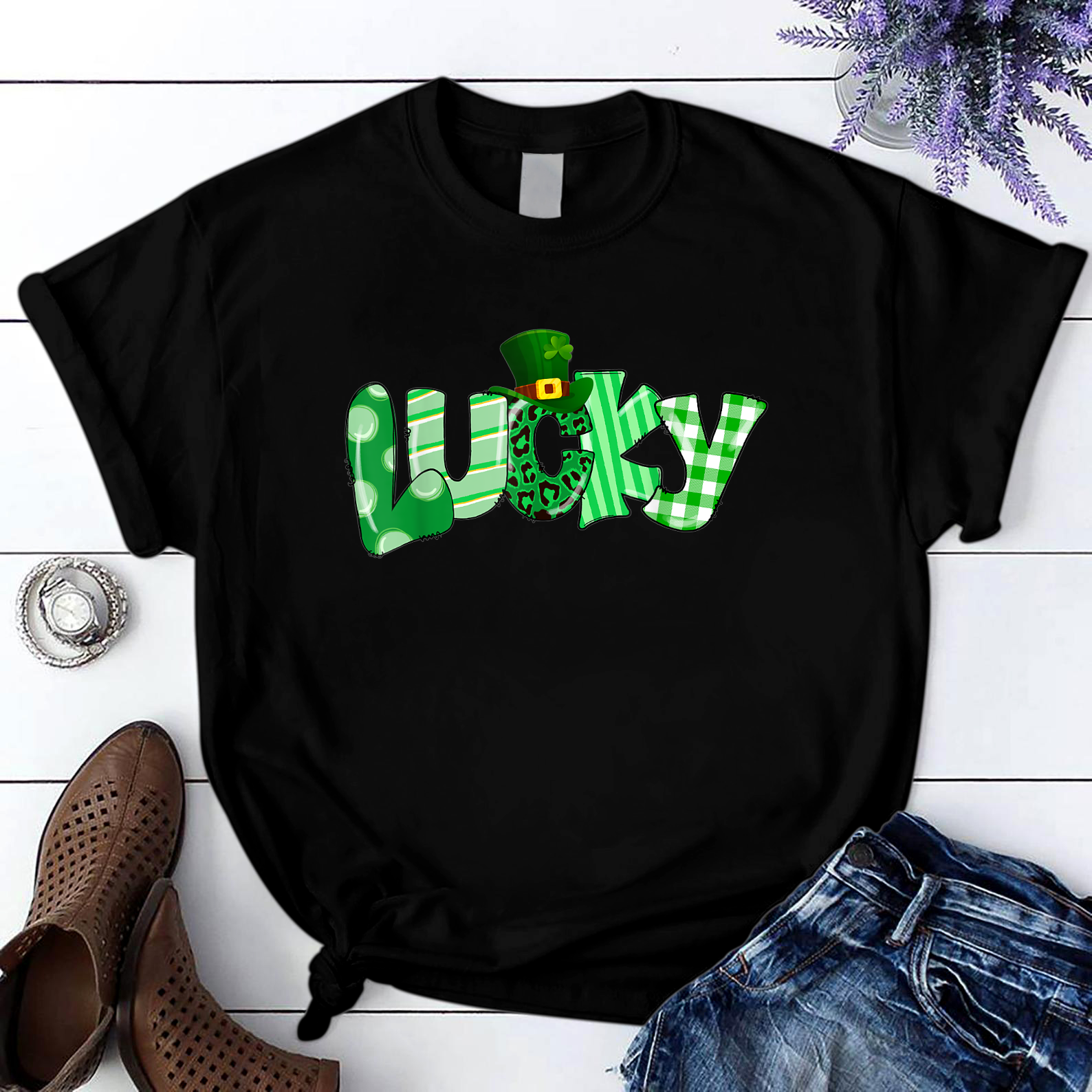 Lucky Leopard Green Plaid Shamrock St Patricks Day T Shirt Black Unisex S-6Xl