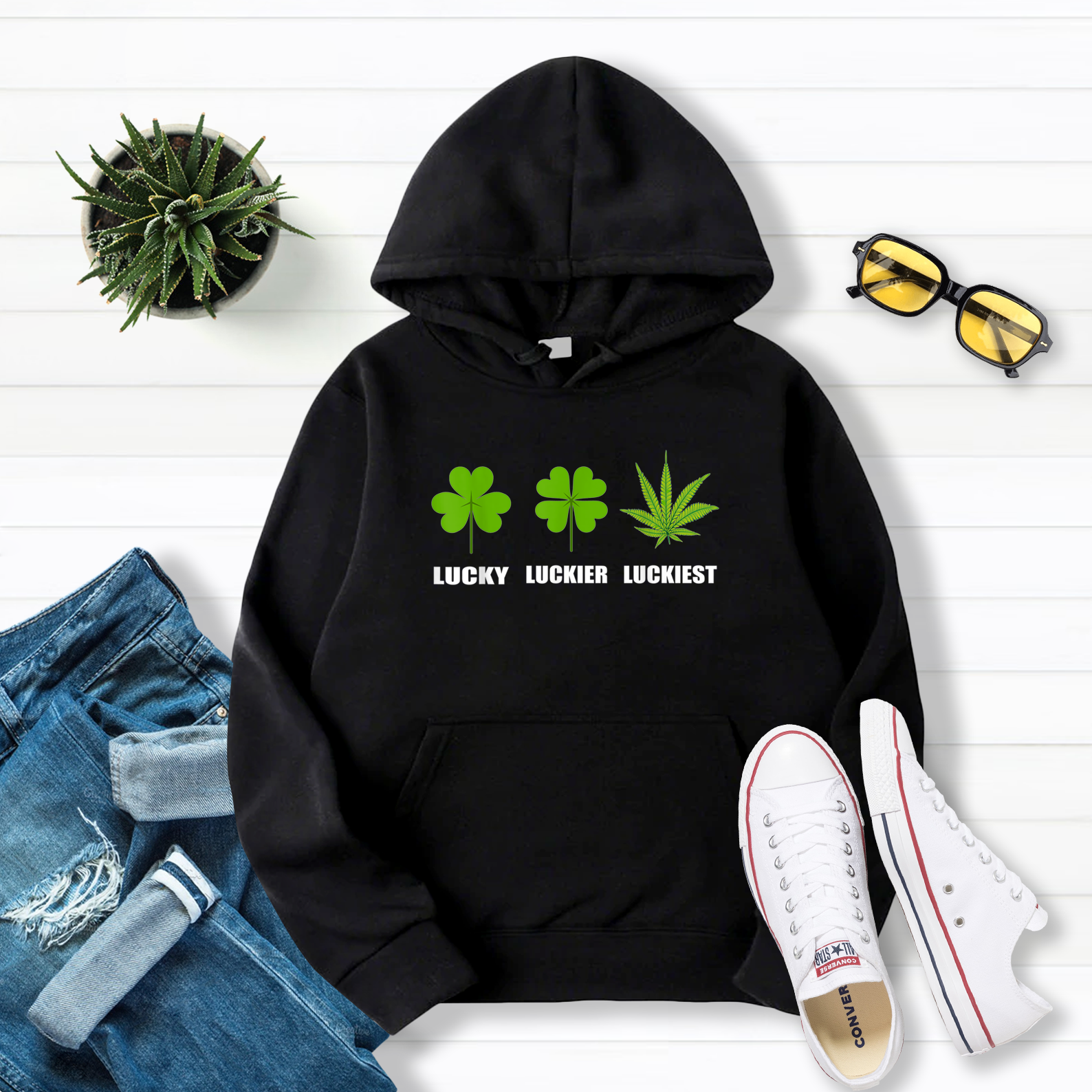 Lucky Luckier Luckiest Funny St Patrick'S Day Marijuana Pullover Hoodie Black S-5XL