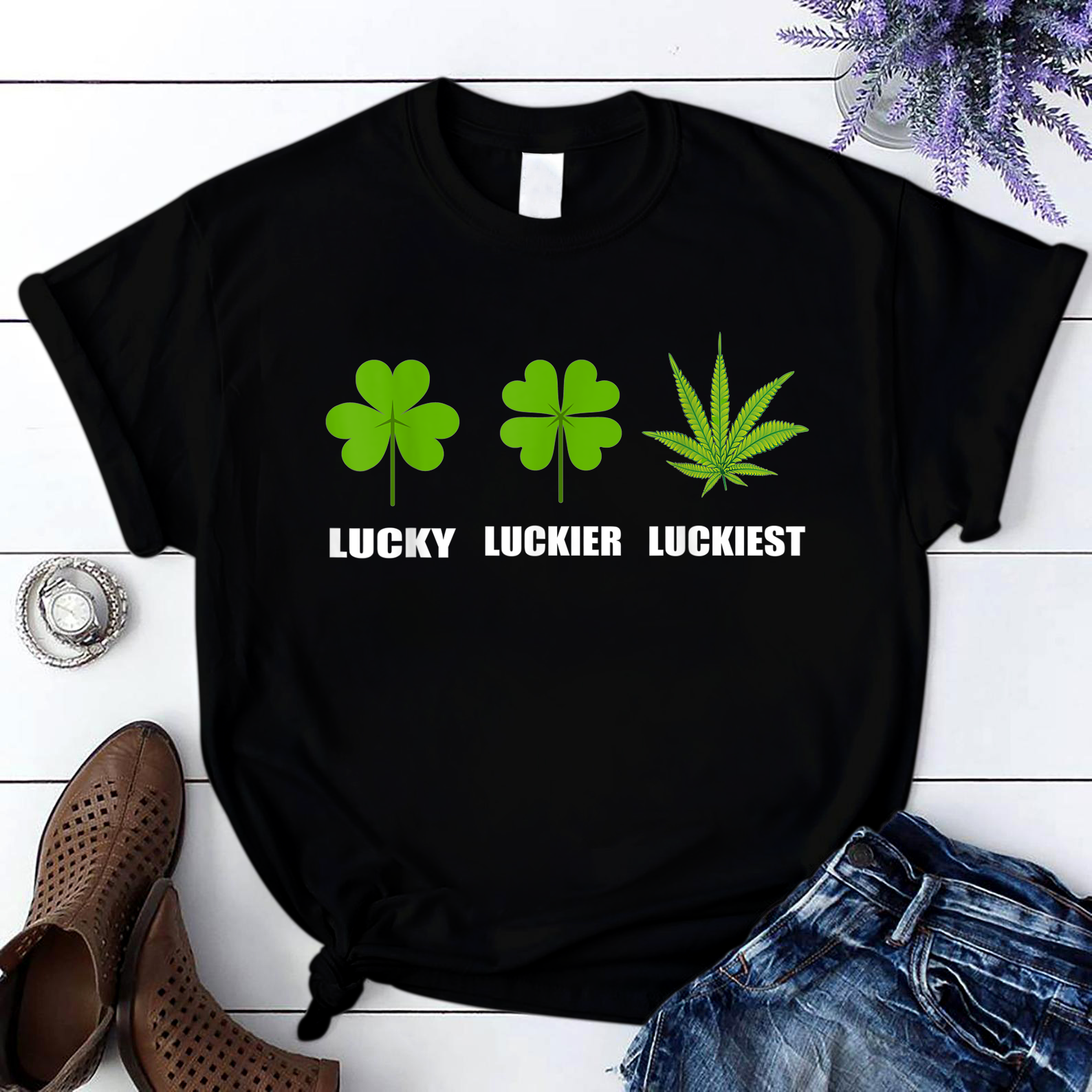 Lucky Luckier Luckiest Funny St. Patrick'S Day Marijuana T Shirt Black Unisex S-6Xl