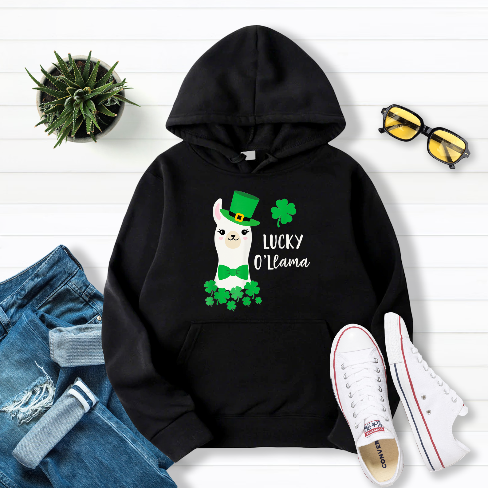 Lucky O'Llama St Patricks Day Pullover Hoodie Black S-5XL