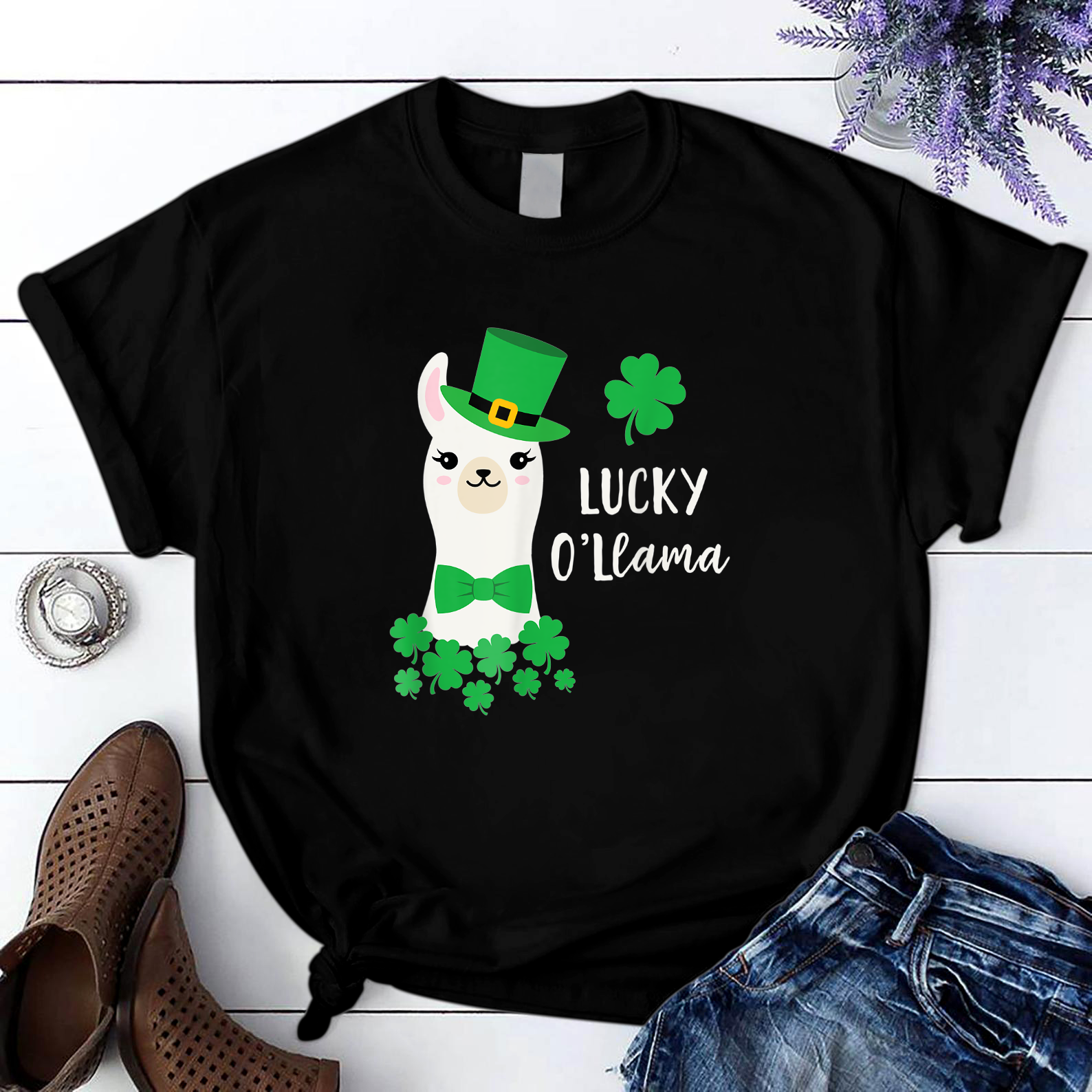 Lucky O'Llama St Patricks Day T Shirt Black Unisex S-6Xl