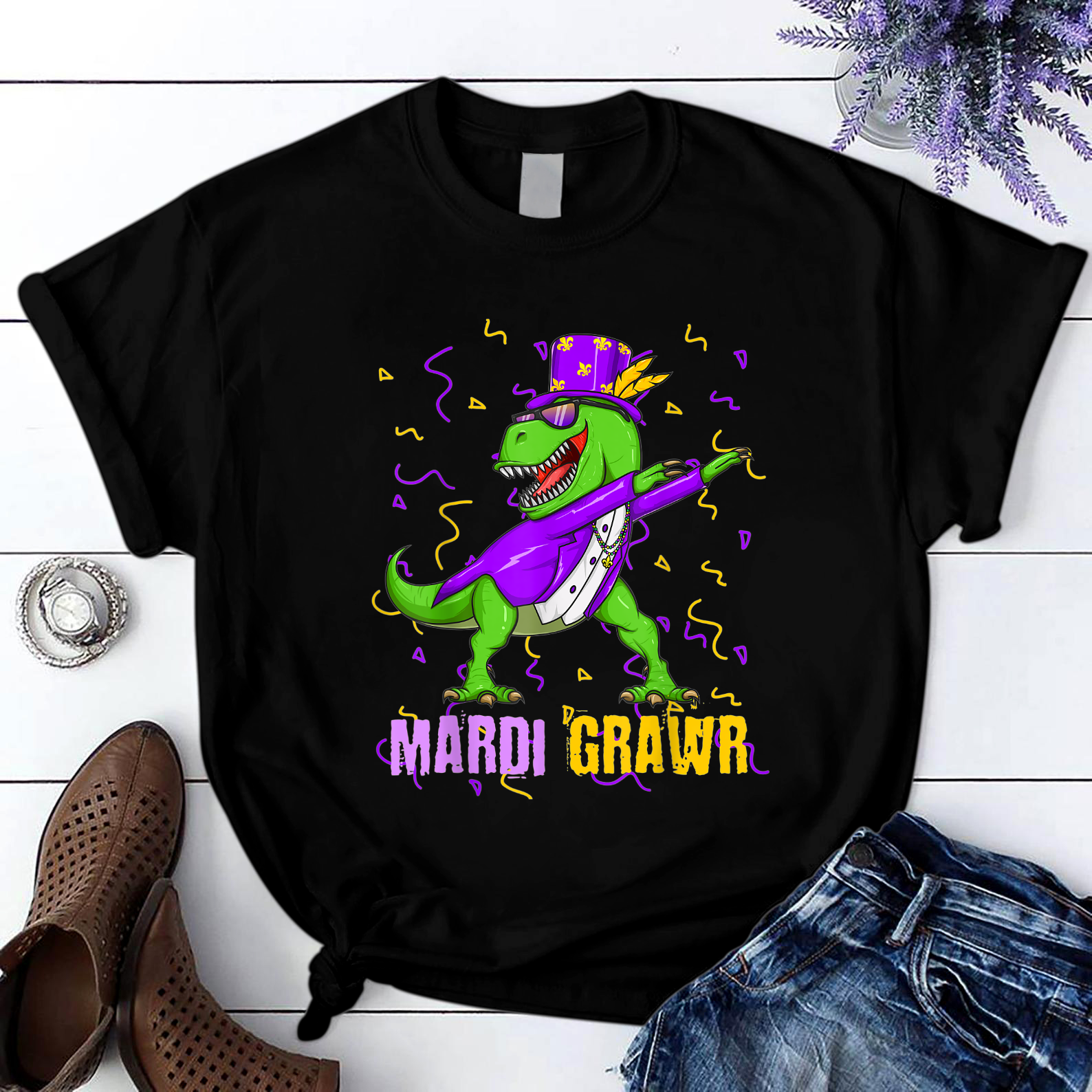 Mardi Gras Dabbing T Rex Dinosaur Mardi Grawr Bead T Shirt Black Unisex S-6Xl