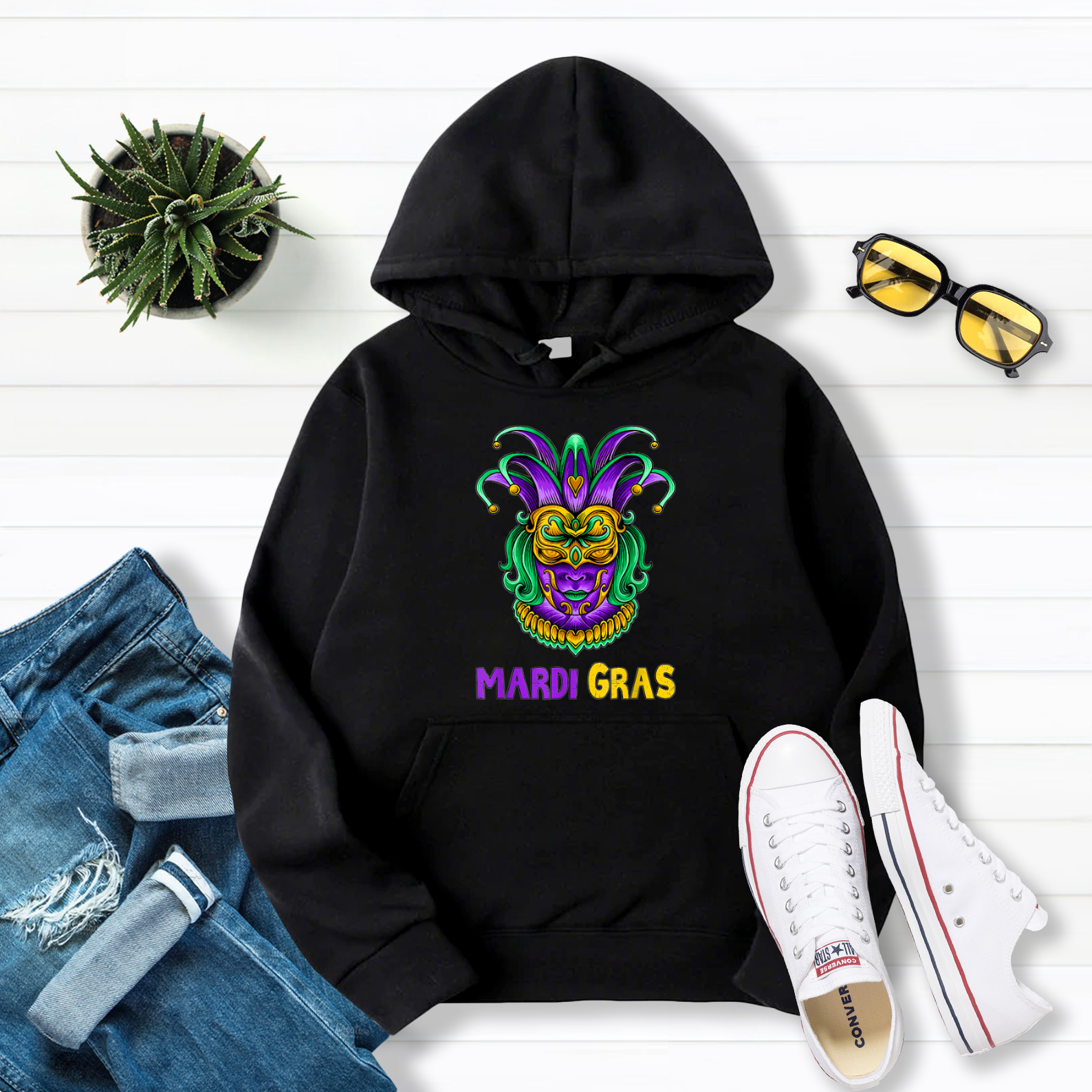 Mardi Gras Fat Tuesday Festival With Jester Hat Pullover Hoodie Black S-5XL