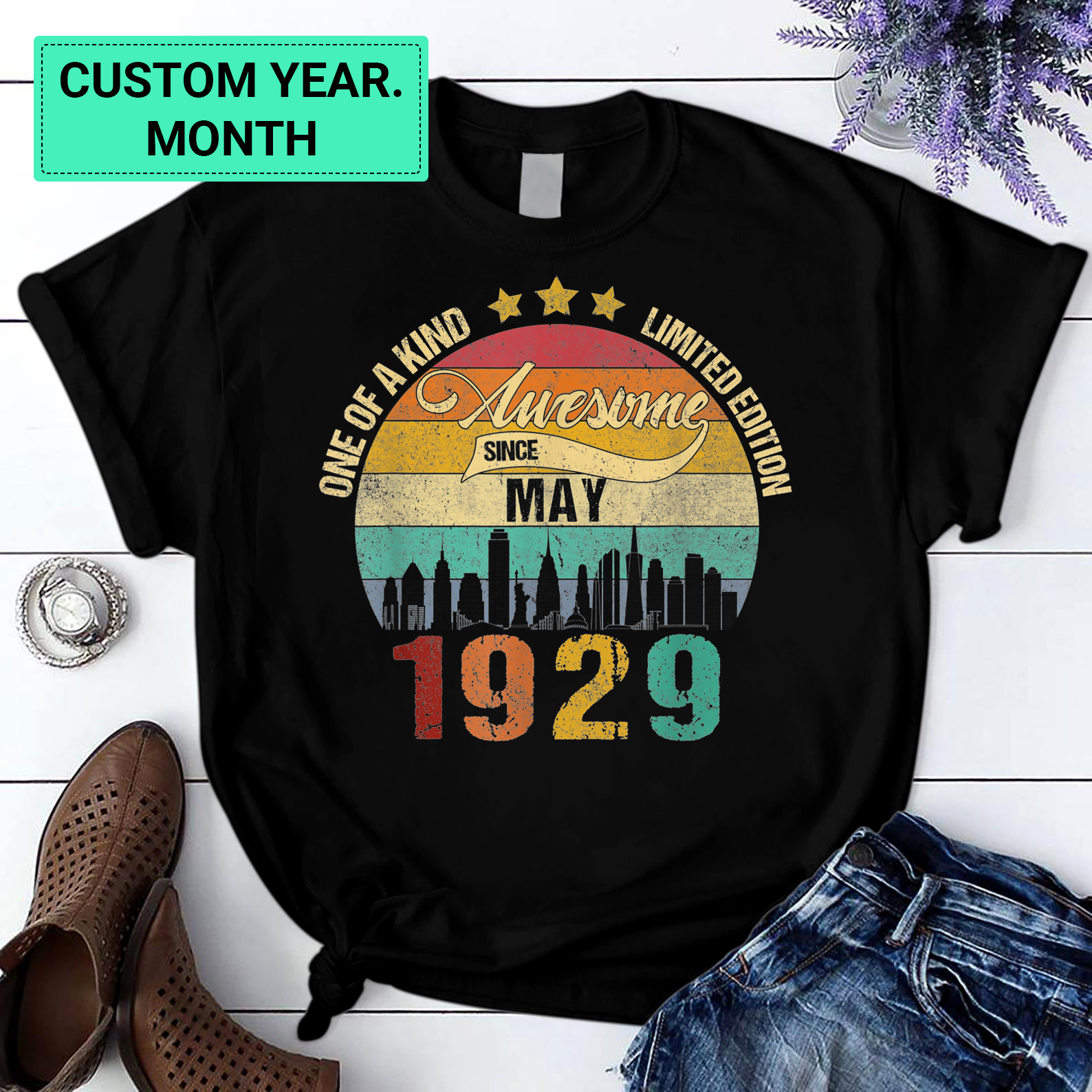 Personalization Born In May 1929 Vintage 92Nd Birthday 92 Years Old Bday T Shirt Black S-6Xl