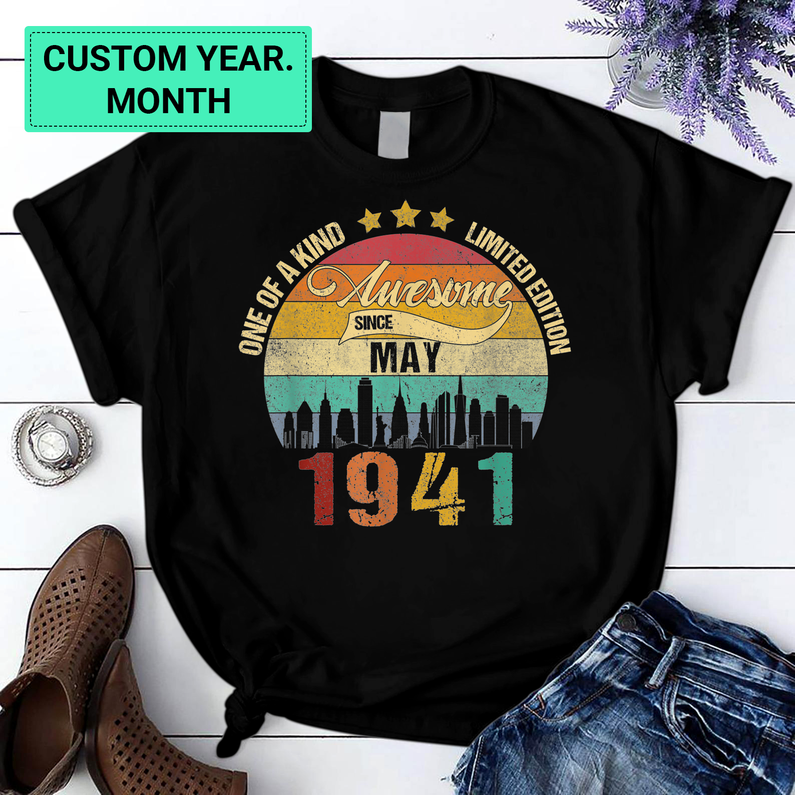 Personalization Born In May 1941 Vintage 80Th Birthday 80 Years Old Bday T Shirt Black S-6Xl