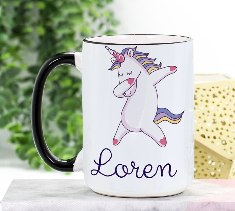 Personalized name, Custom Name, Unicorn Dabbing Mug Ceramic Colored Rim And Handle - 11oz