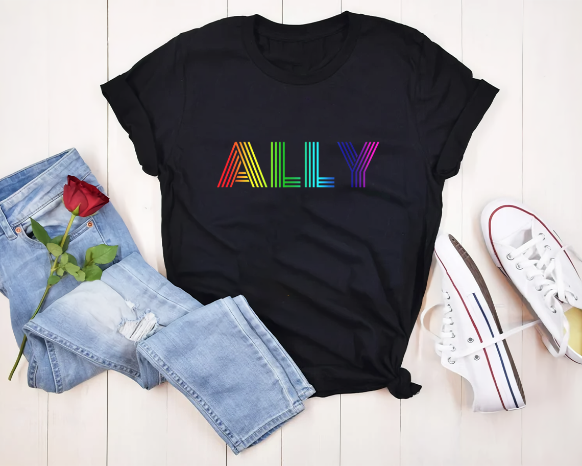 Ally Gay Pride Month Rainbow Flag LGBT Tee Shirt Black Unisex S-6Xl