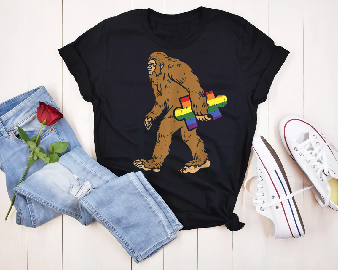 Bigfoot Rainbow Puzzle Funny Sasquatch Gay Lgbt Pride T-shirt Unisex S-6xl