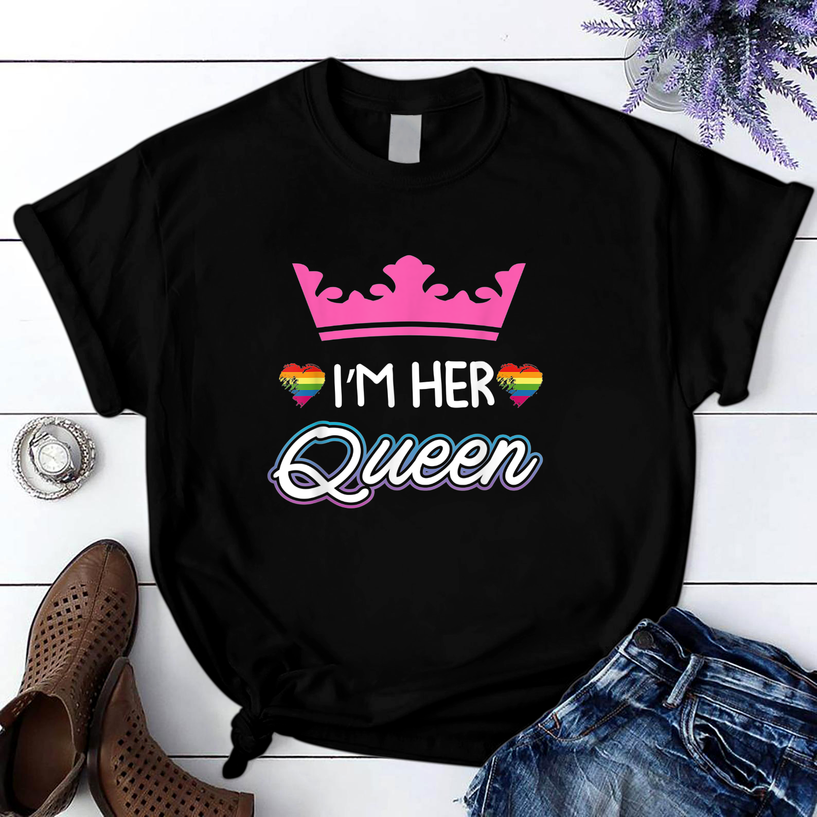 Rainbow I'M Her Queen Lesbian Couple Valentine'S Day Gift T Shirt Black Unisex S-6Xl