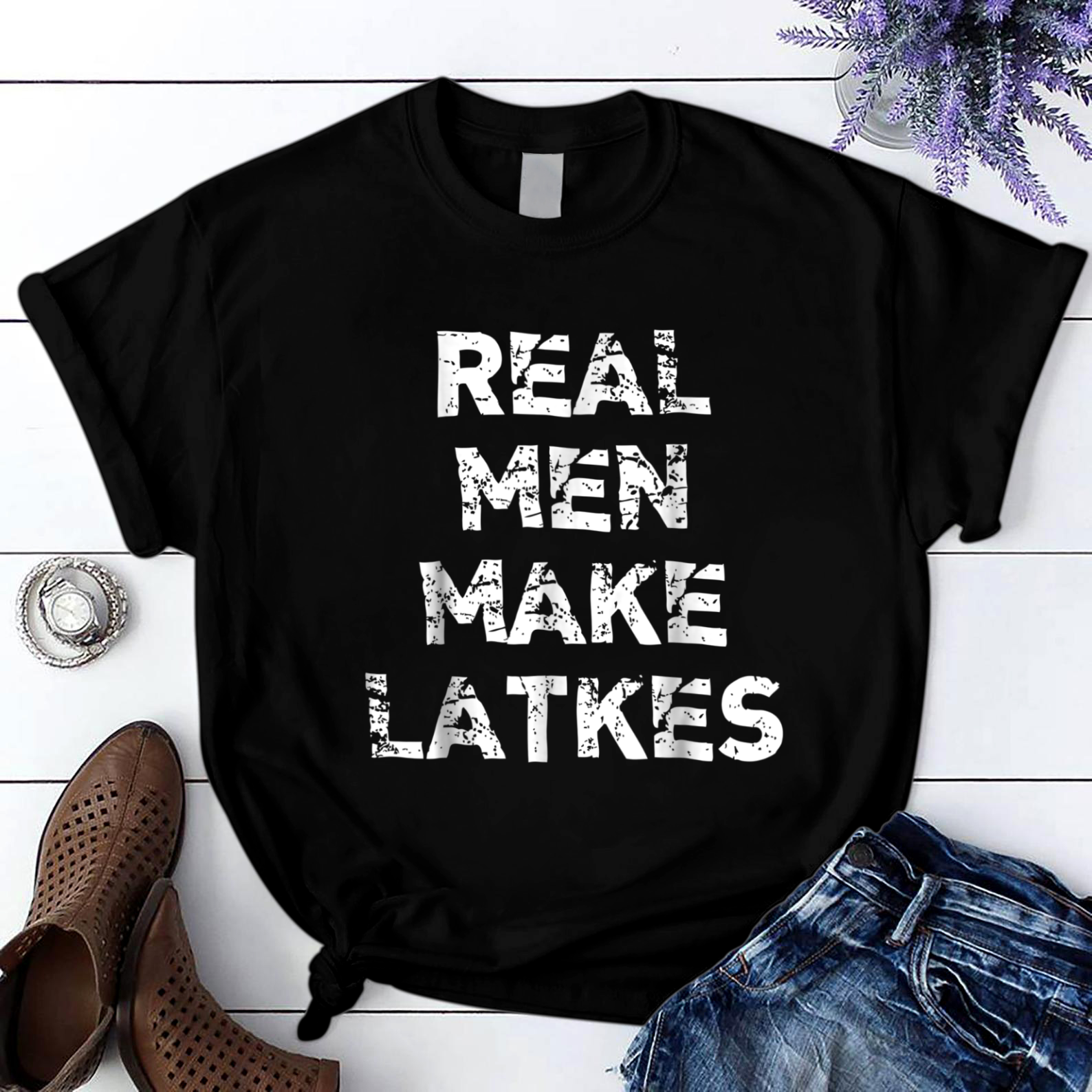 Real Men Make Latkes Funny Hanukkah T Shirt Black Unisex S-6XL