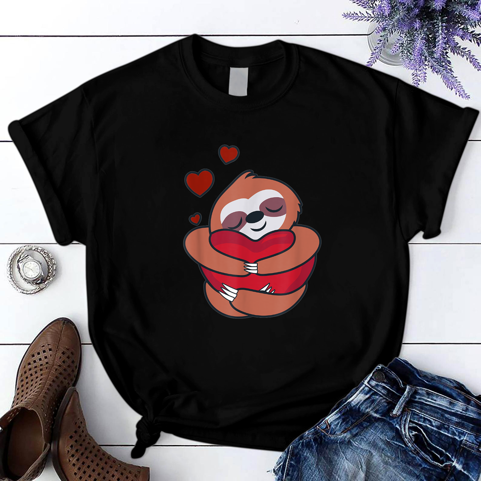 Sloth Lover Women Valentines Day Gift Girlfriend Heart T Shirt Black Unisex S-6Xl