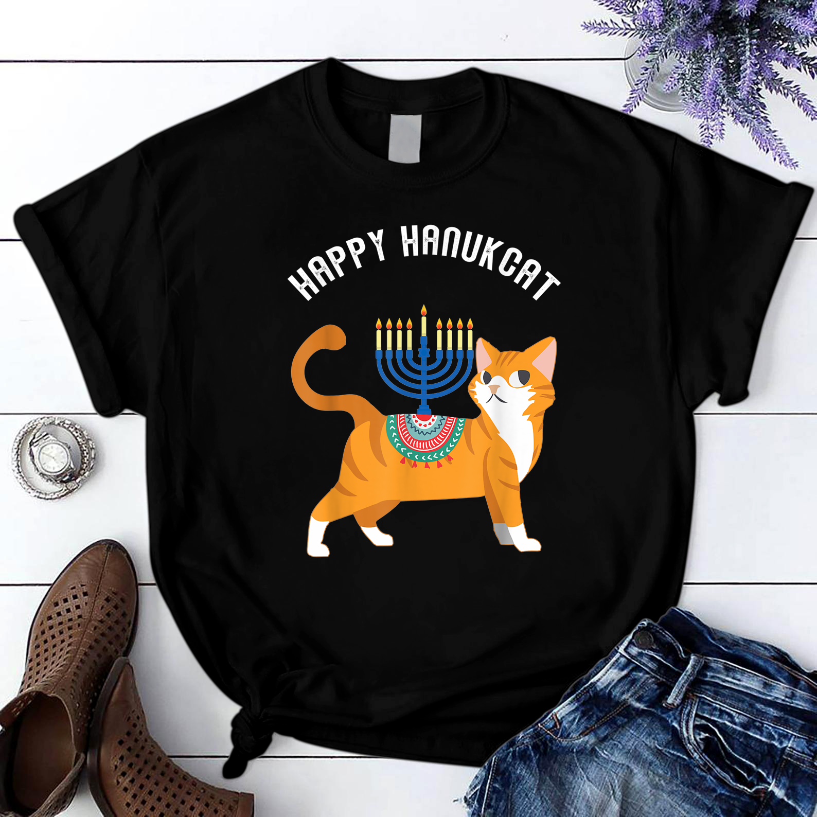 Th Hanukkah Cat Happy Hanukcat Costume Chanukkah T Shirt Black Unisex S-6XL