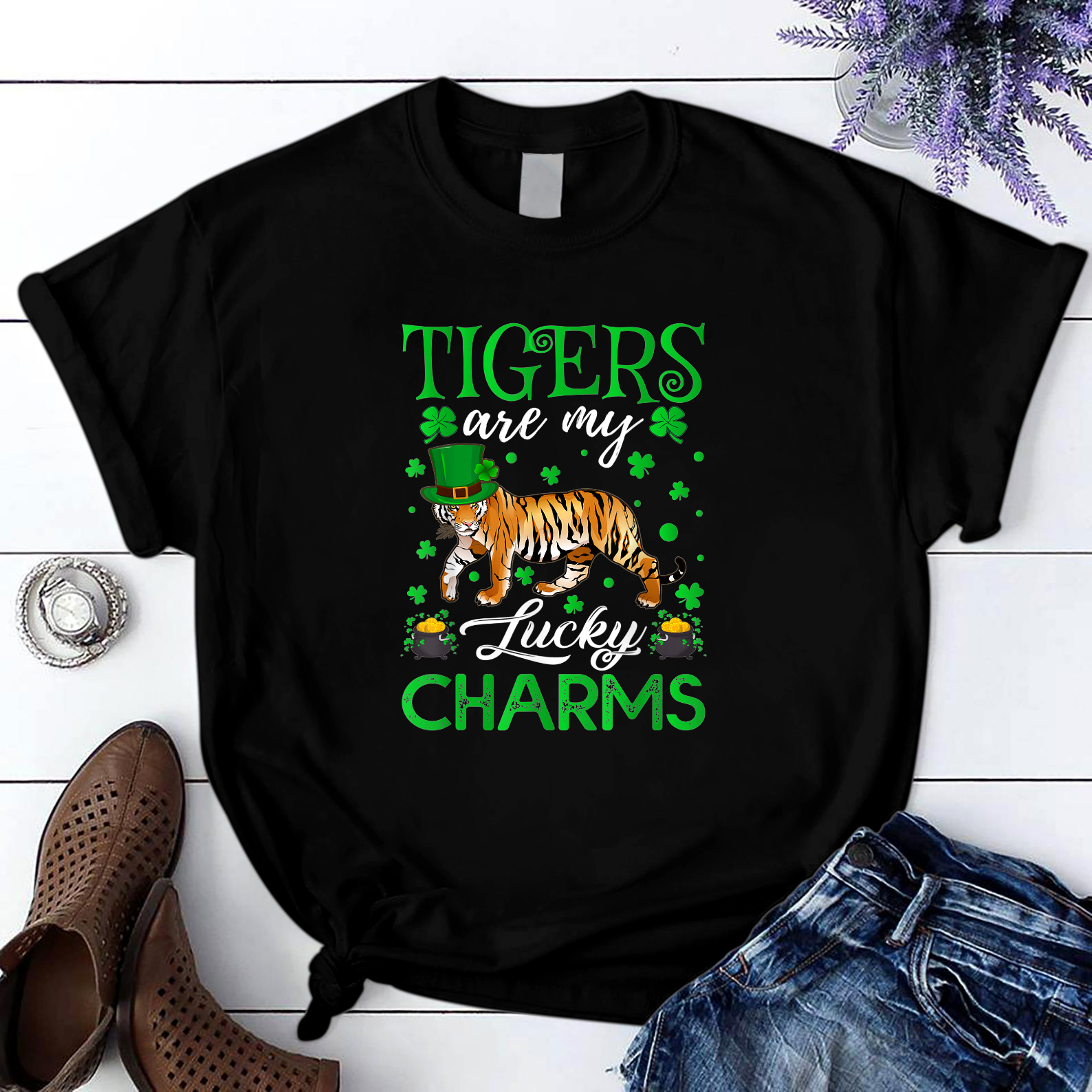 Tigers Are My Lucky Charms Tiger St. Patrick'S Day T Shirt Black Unisex S-6Xl