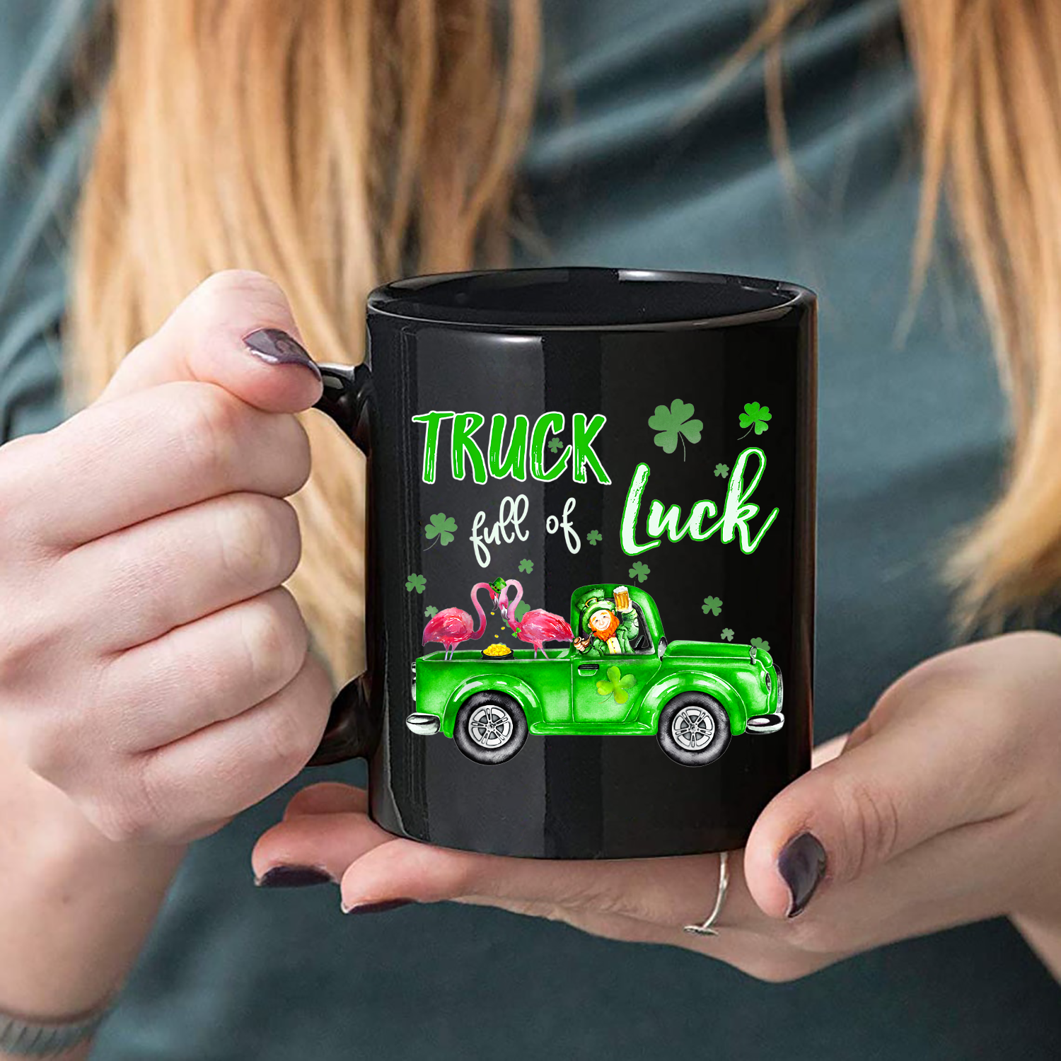 Truck Full Of Luck Flamingo Leprechaun Funny St Patricks Day Mug Black Ceramic 11-15Oz Coffee Tea Cup