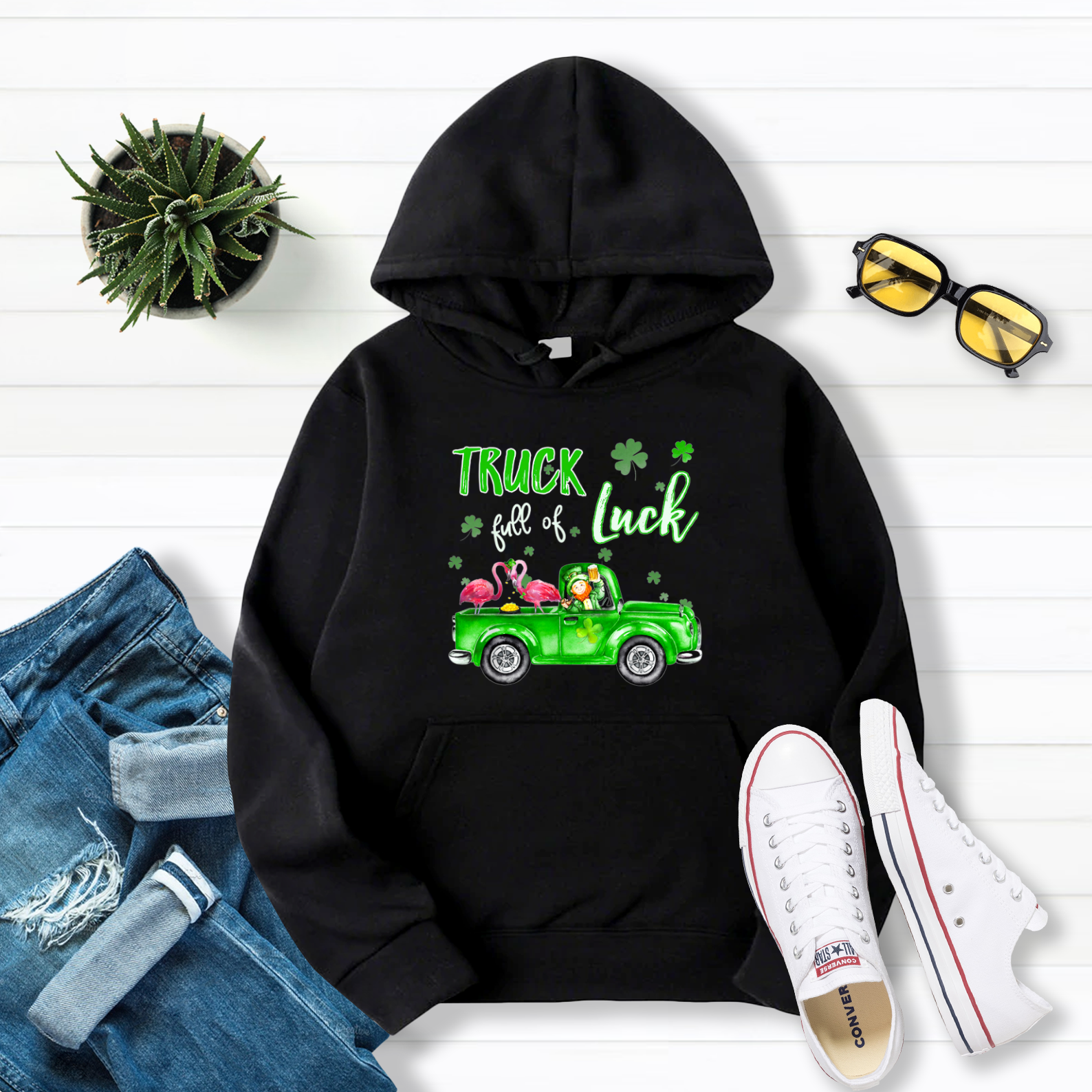 Truck Full Of Luck Flamingo Leprechaun Funny St Patricks Day Pullover Hoodie Black S-5XL