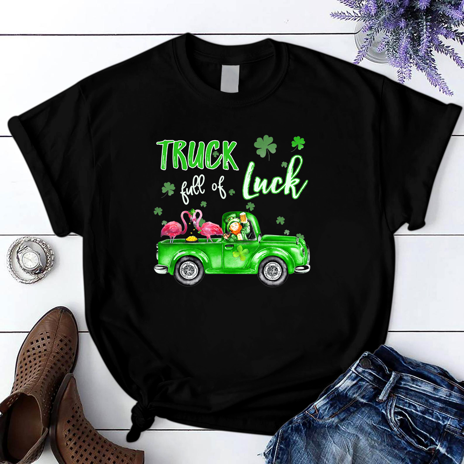 Truck Full Of Luck Flamingo Leprechaun Funny St Patricks Day T Shirt Black Unisex S-6Xl